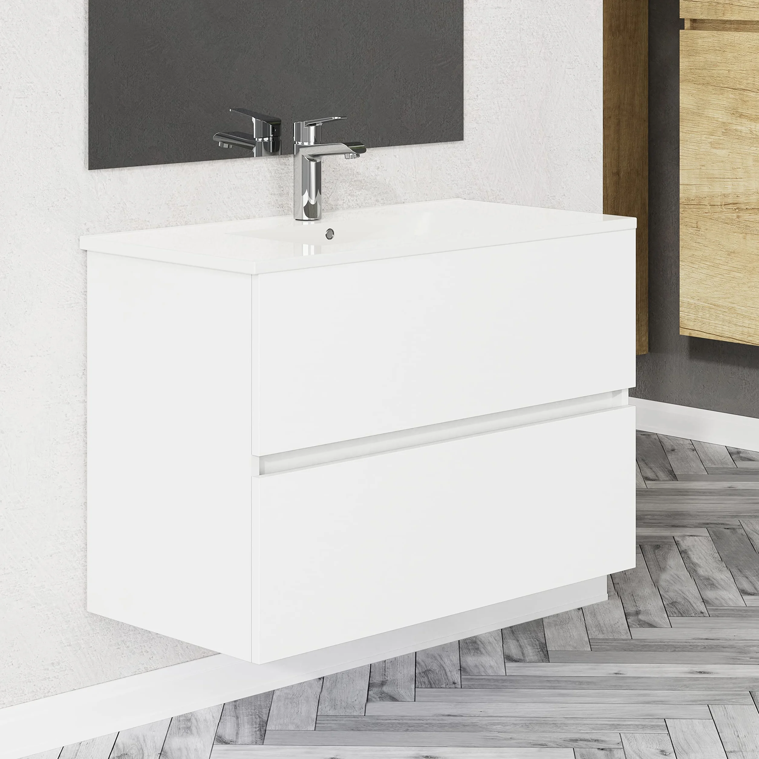 Baikal, Conjunto de baño Natura. Mueble de Baño de Fondo Reducido, con Lavabo cerámico. Distribución Dos Cajones. Mueble MONTADO. Dos Cajones sin Espejo. Fondo 39cm 80 cm Blanco