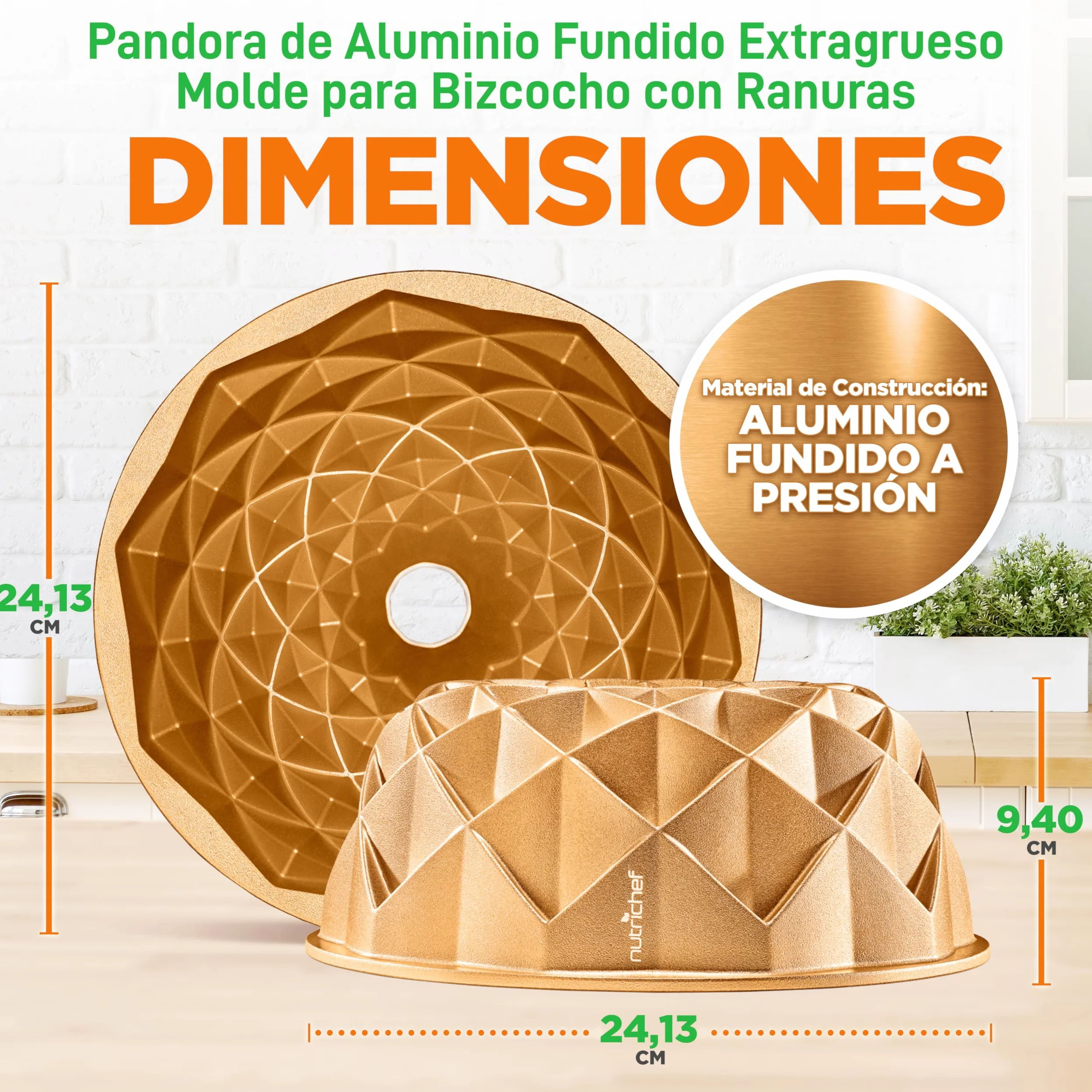 NutriChef molde bundt redondo antiadherente, Aluminio fundido, 23 cms, Diseño aro francés, Bandeja para horno, Bizcochos y tartas, Repostería casera, Cocción uniforme, Fácil de limpiar