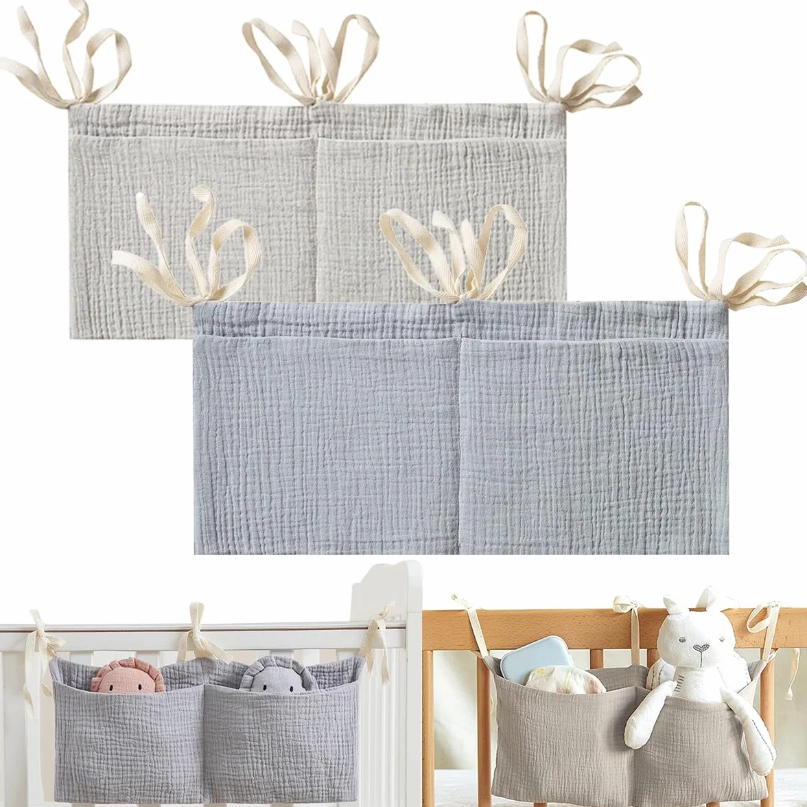 Organizador Cuna 2 Piezas Bolsas Almacenamiento Ajustable Colgante con Dos Bolsillos Grandes