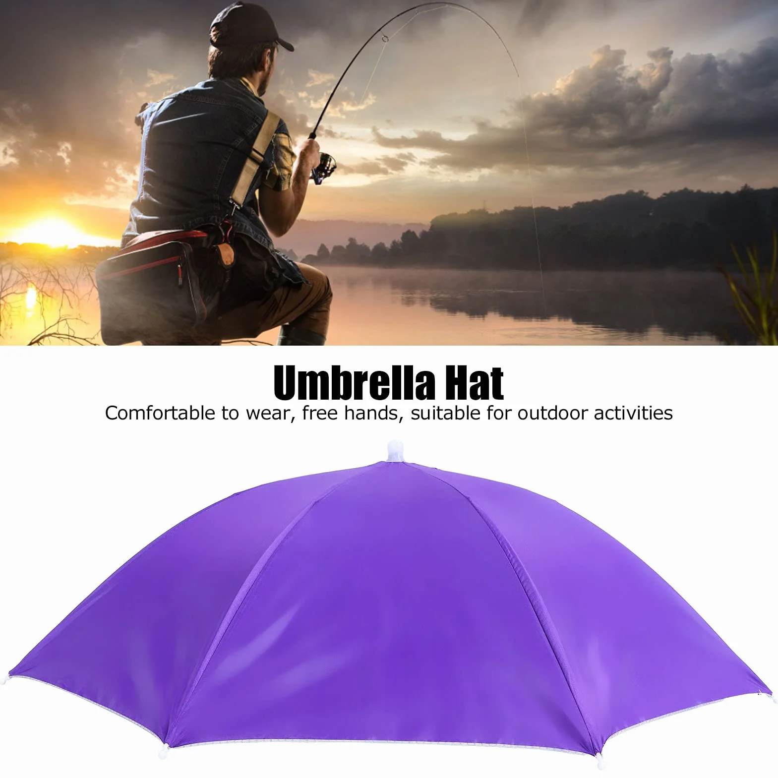 Buachois Paraguas de Pesca a Prueba de Viento con Protección Solar, Gorro de Paraguas Manos Libres Plegable para Senderismo (Púrpura)