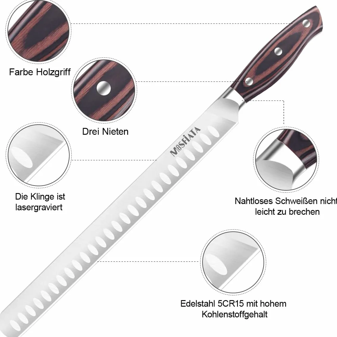 MOSFiATA Cuchillo Jamonero Profesional, Hoja Flexible y alveolada de Acero Inoxidable Forjado 300 mm, Mango Madera