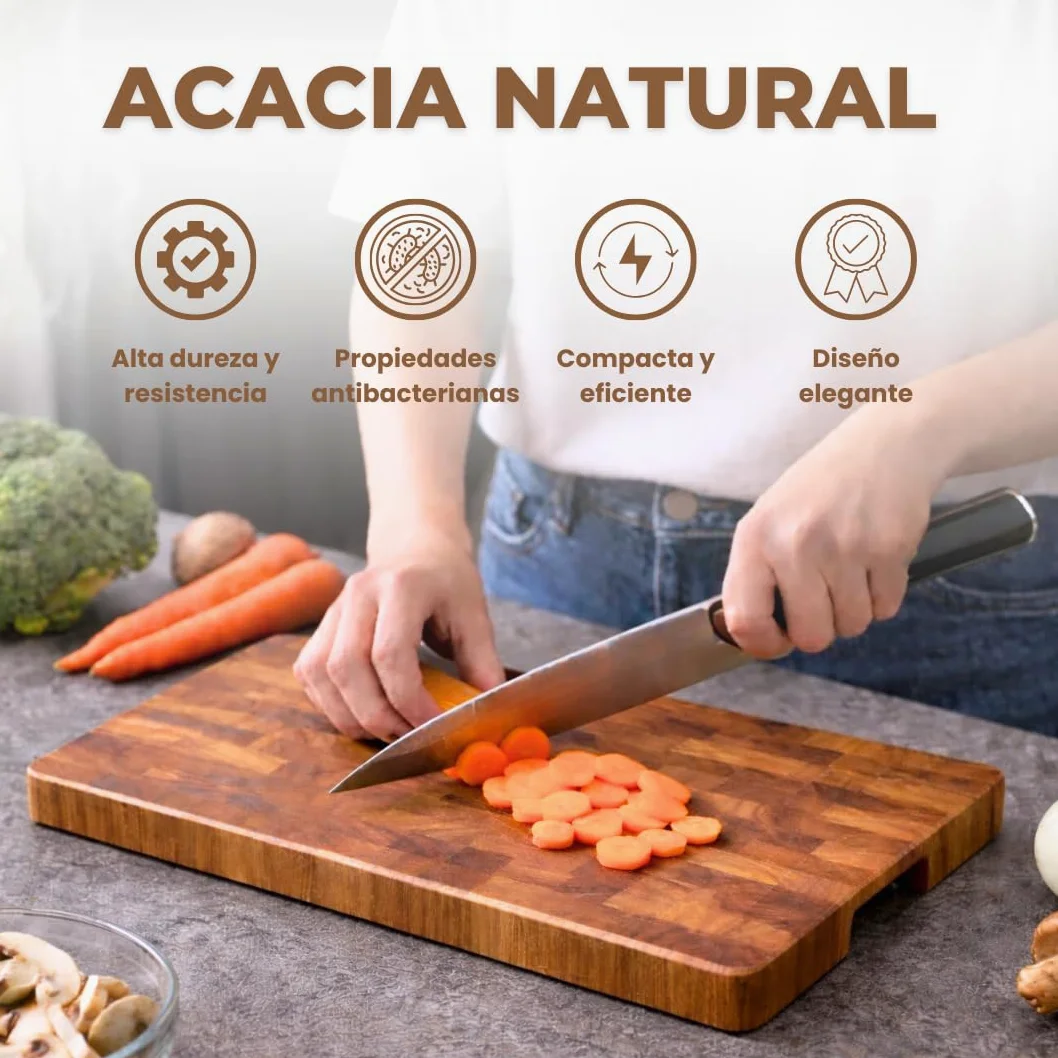 Tabla de Cortar de Madera de Acacia Profesional 36x24x3 cm | Antibacteriana y Resistente | Tabla de Cocina Premium con Asas Laterales | Incluye Delantal Profesional Negro