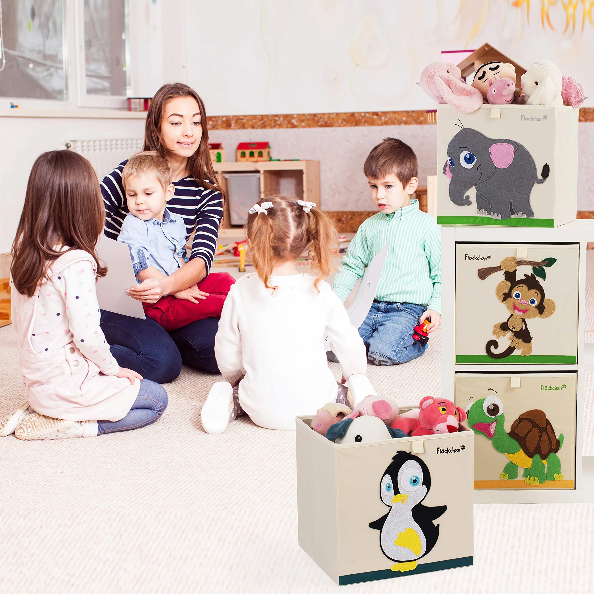 Caja de almacenamiento infantil con diseño de animales Polly el pingüino 33x33x33 cm para estante Kallax