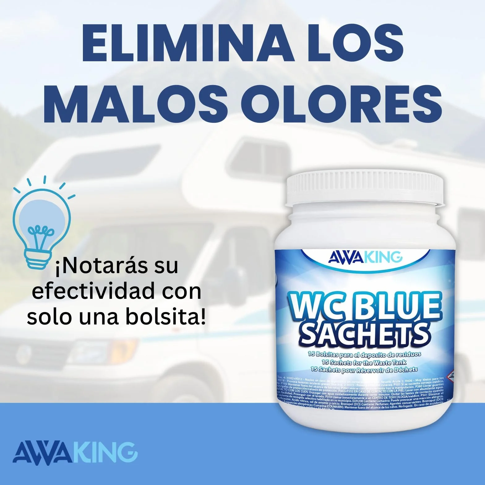 Pastillas WC Quimico Autocaravana Blue Sachets 15ud Limpia Desodoriza Aroma Fresco Depósito Aguas Negras Potti Cassete Caravana Camper