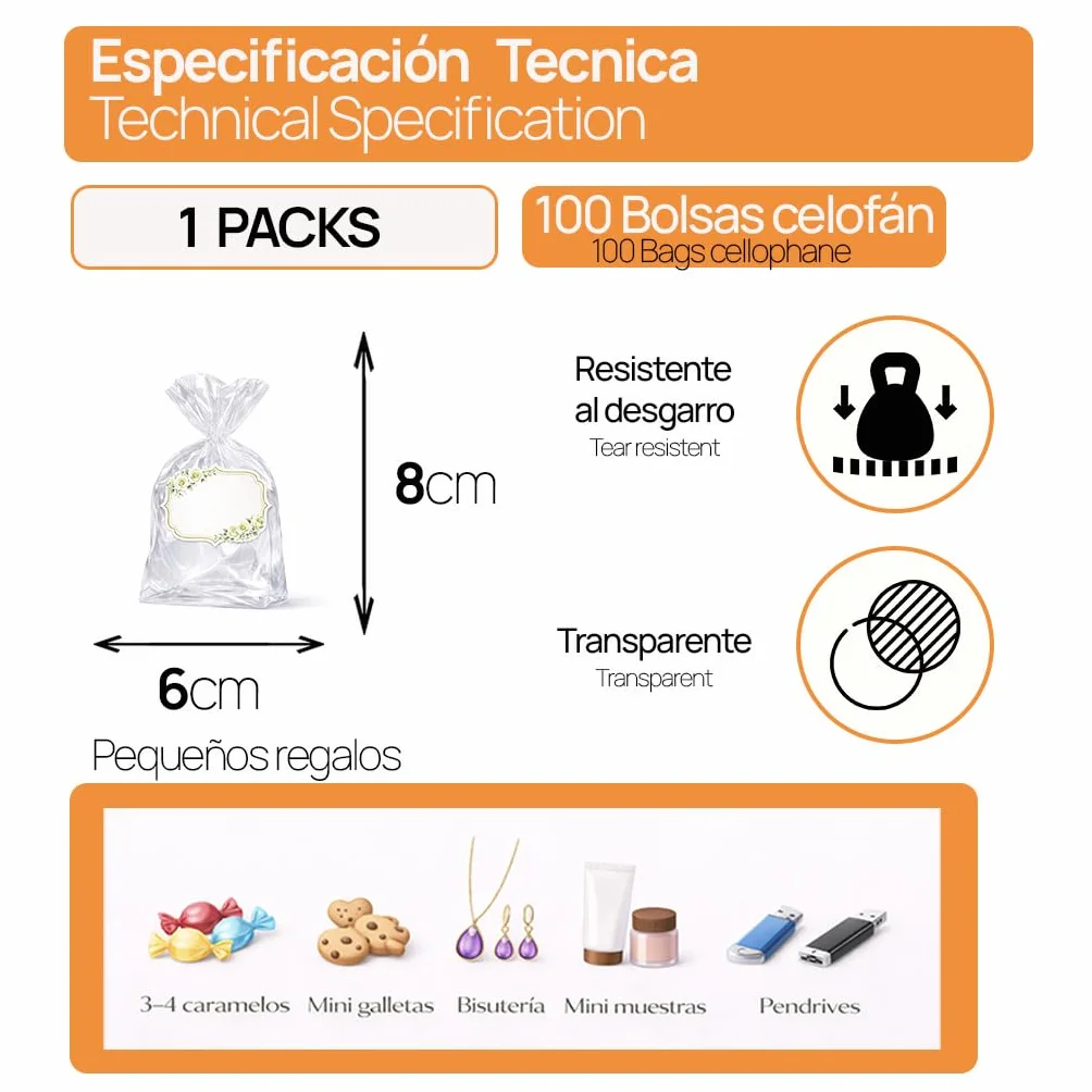 Ofituria Bolsas Celofán Transparente 6 x 8 cm, Bolsas Transparentes para Chuches y Regalos – Bolsas Plastico Transparente para Cumpleaños Infantiles, bombones y Detalles, 1 Pack (100 Bolsas)