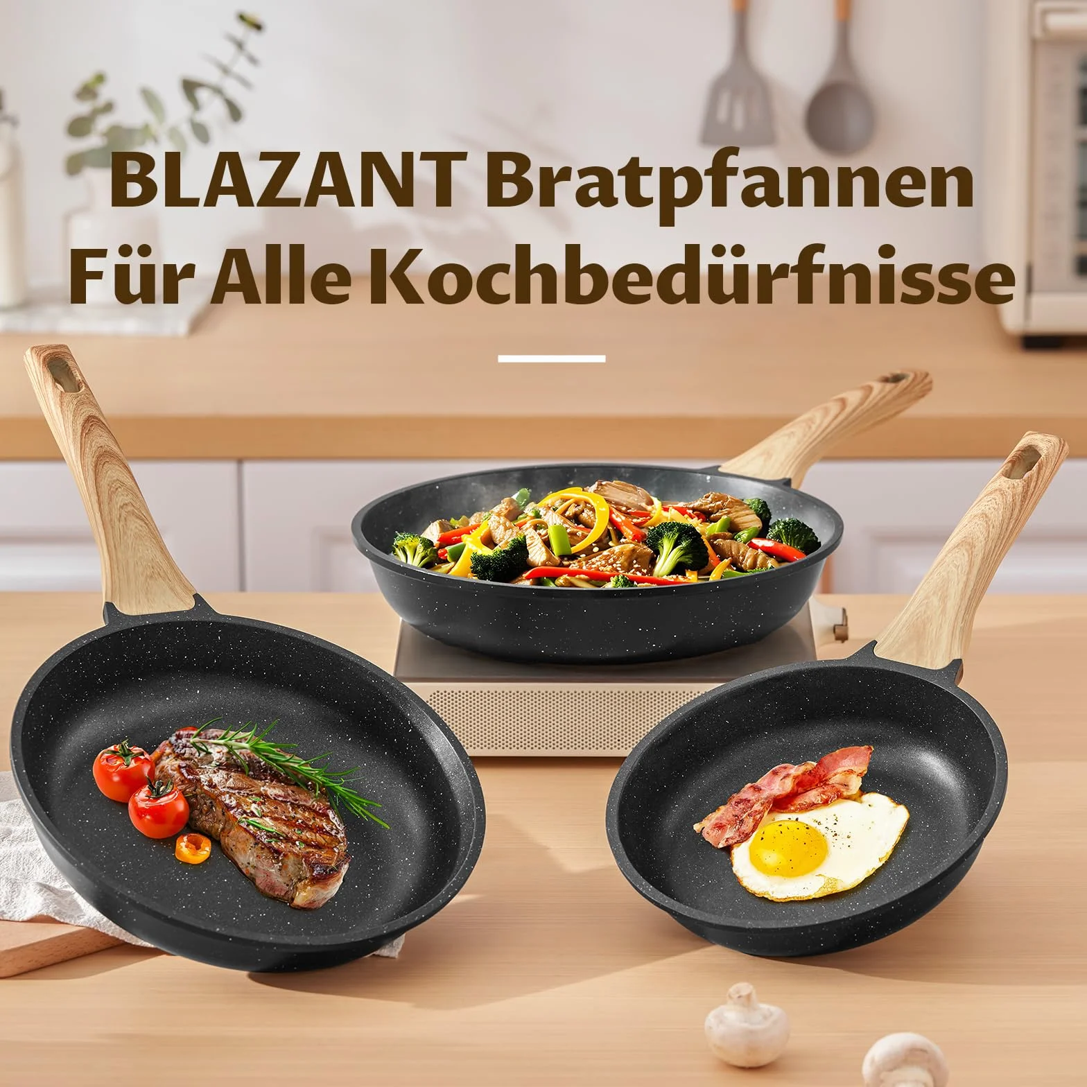 BLAZANT Juego de sartenes antiadherentes de inducción 20+24+28 cm, sartén de inducción para todas las cocinas, sartenes sin PFAS, fácil de limpiar, mango resistente al calor, granito