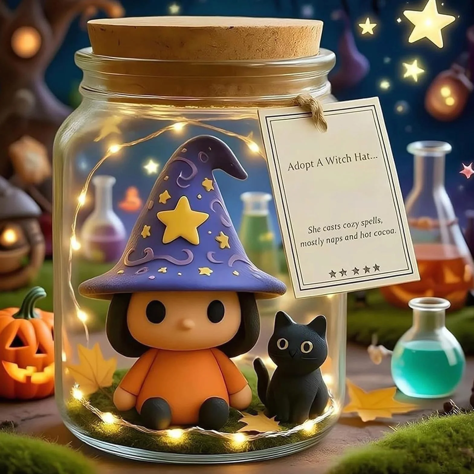 Genérico Tarro con Figura De Halloween - Bruja y Gato en Tarro,Regalo De Fiesta Centro De Mesa De Halloween Accesorios para Baño Fotografía Dormitorio Cocina Salón Estudio