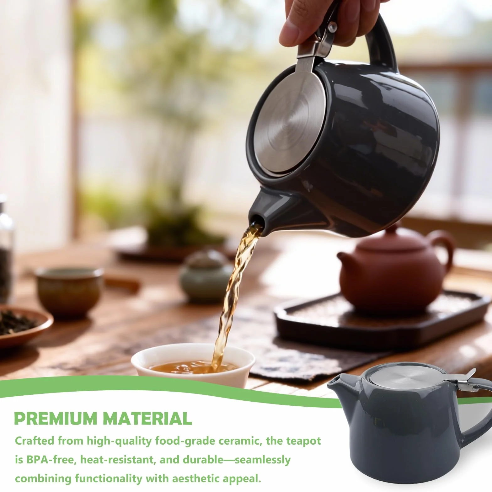 BAIFULAI Tetera de porcelana de cerámica, 600 ml, tetera japonesa con filtro de acero inoxidable, juego de té de porcelana, set de regalo para los amantes del té, gris oscuro