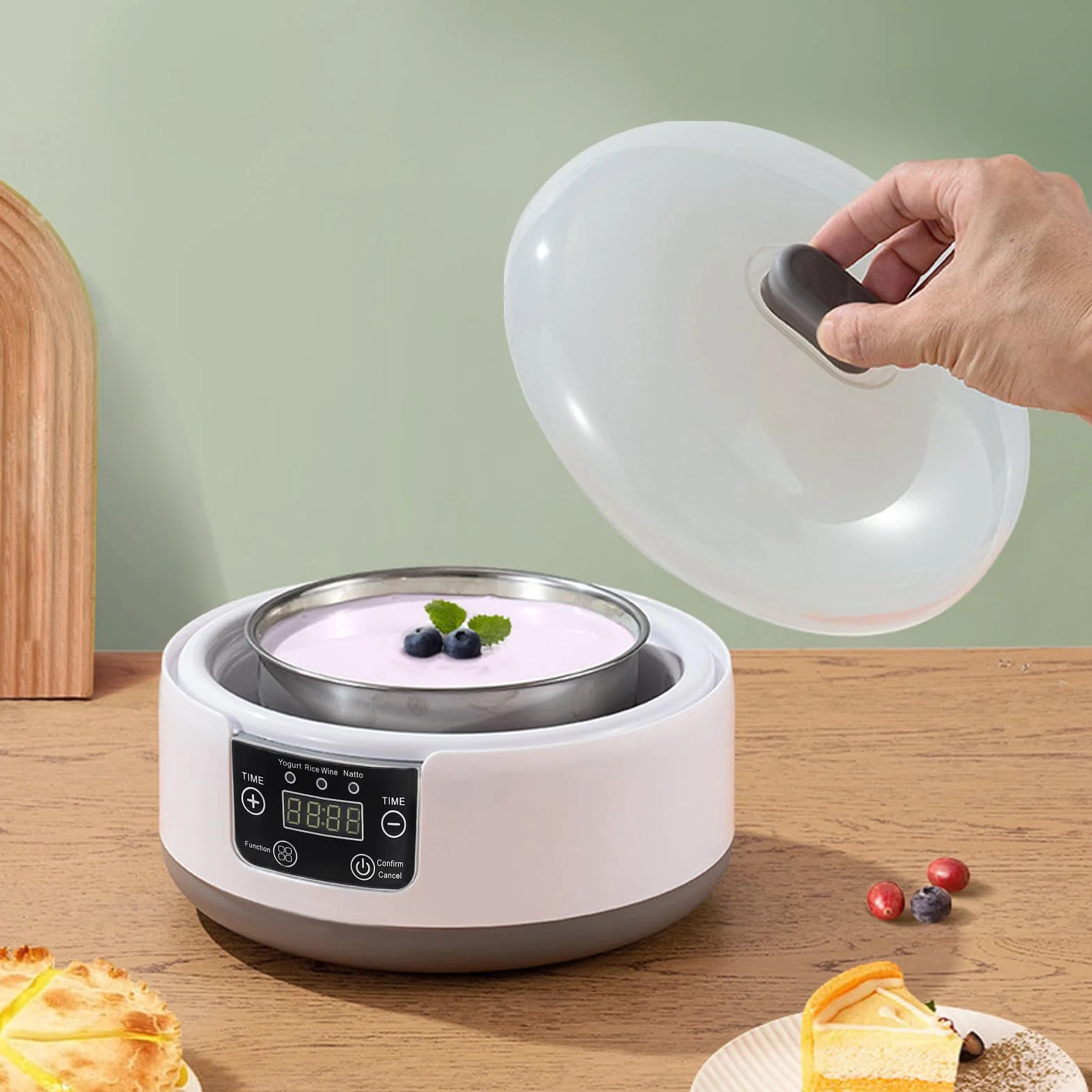 Respicefinem Máquina eléctrica para hacer yogur 1 Máquina para hacer yogur y natto casera de 2 litros con revestimiento de acero inoxidable Incubadora doméstica pequeña y fácil de