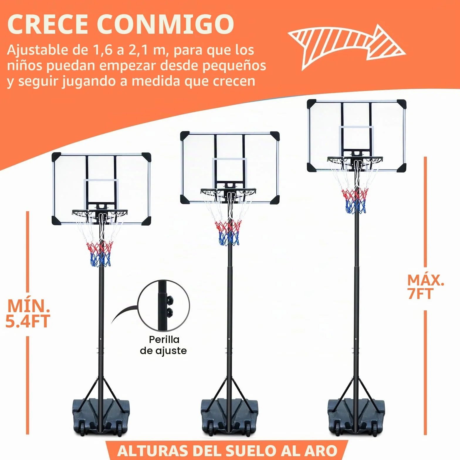 HIONRE Canasta de baloncesto portátil 7 pies tablero trasero transparente altura ajustable 165-213cm negro