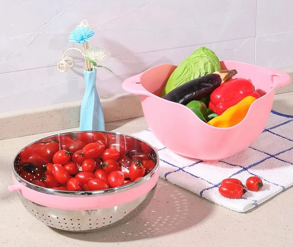 Colador Colador 2 en 1 Cestas de Frutas giratorias para Cocina Coladores microperforados Desmontables Autodrenantes para Pasta Arroz Espagueti Fideos Ensaladas Verduras (Azul)-Pink