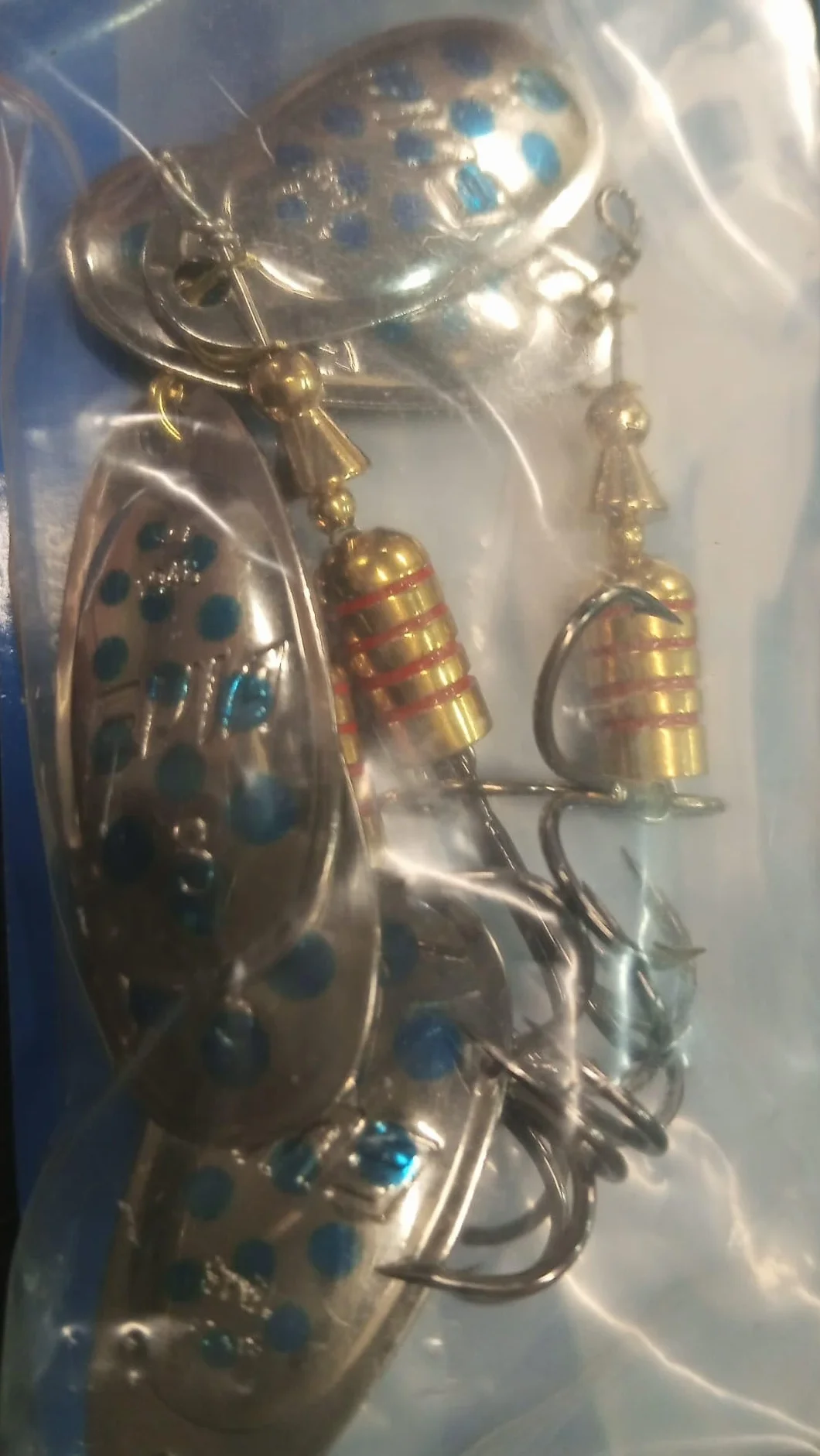 Pack 5 Cucharillas de Pesca Giratorias Modelo Dotty 11 - 7g Plata con Puntos Azules - Señuelos para Trucha, Perca y Lucio