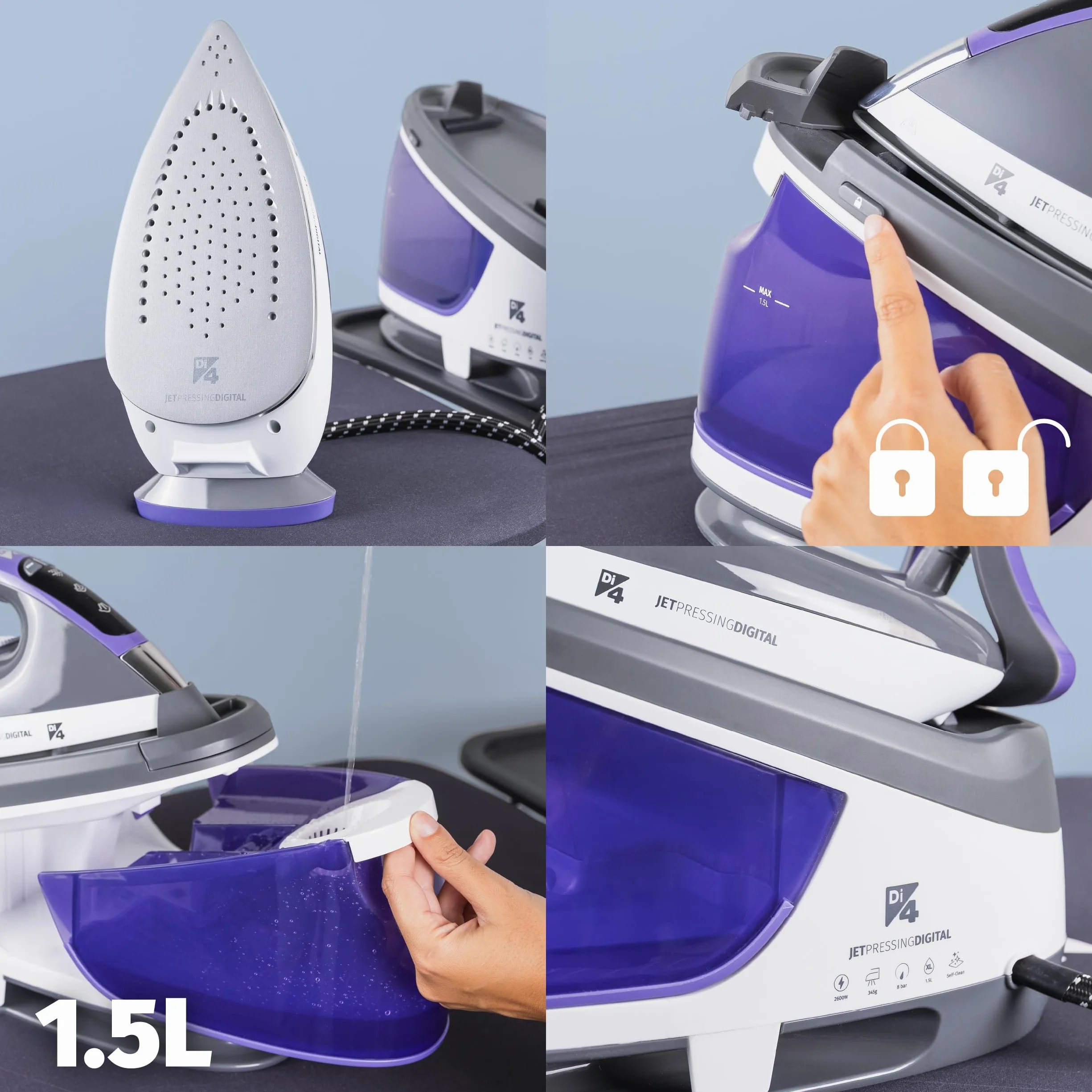 Di4 Centro de Planchado Jet Pressing Digital, Potencia 2600W, 8 Bares, Golpe Vapor 345g, Depósito Extraíble XL 1,5L, Suela Cerámica, Planchado Vertical, Listo en 1 Minuto, Pantalla LED, Autolimpieza