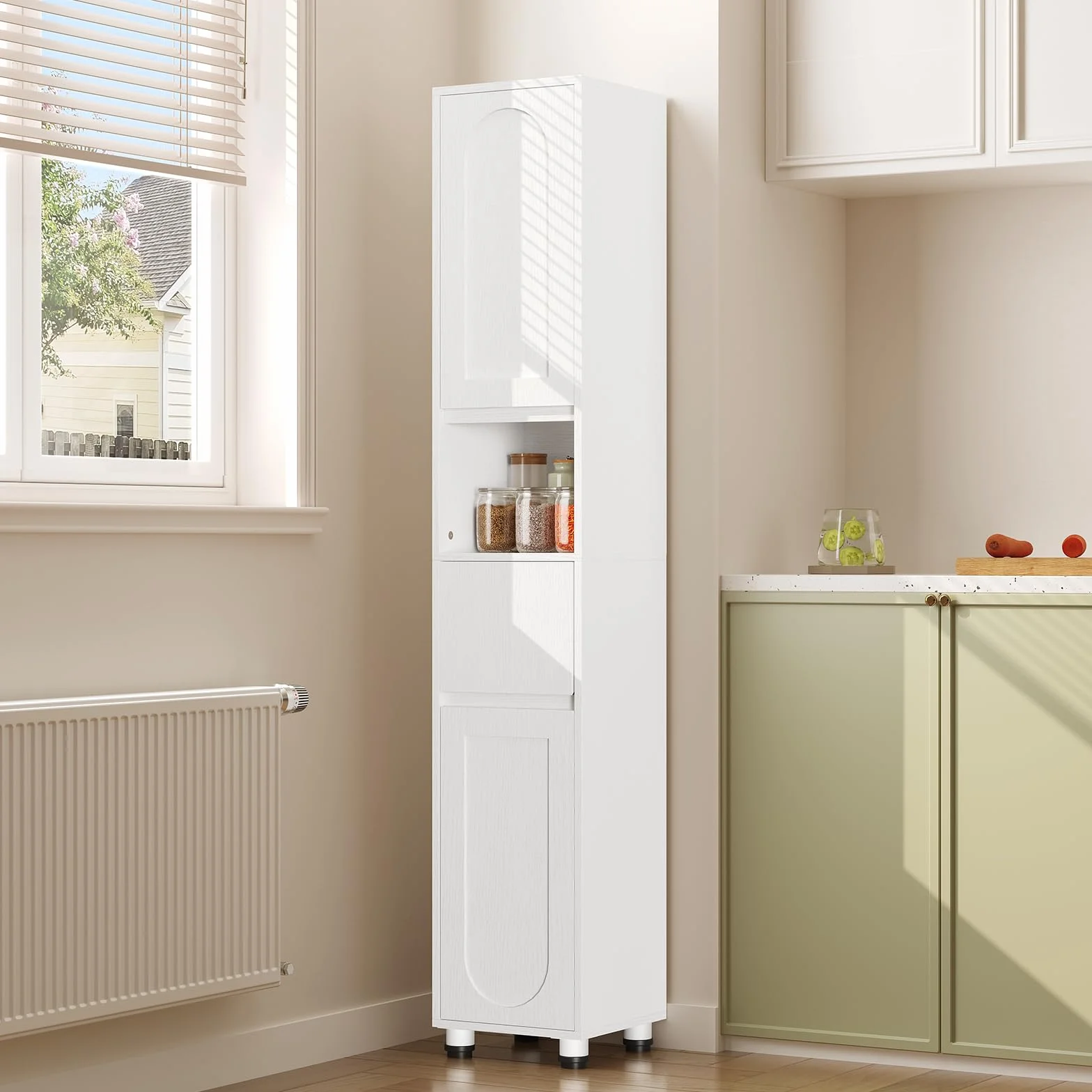 HOOBRO Armario de Baño de 30 x 30 x 170 cm, Puertas y Estantes Interiores Ajustables, 1 Compartimento Abierto y 1 Cajón, para Espacios Reducidos, Baño, Pasillo y Cocina, Acabado en Blanco EWW22BC01