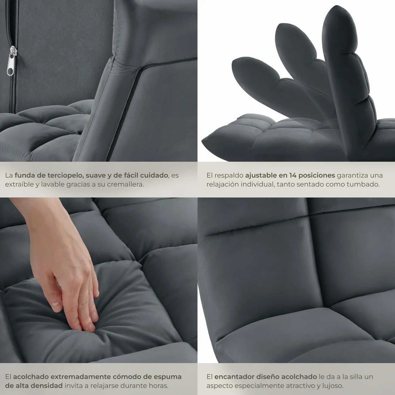tectake® Sillon Plegable Lectura, Silla de Suelo Ajustable para Tatami, Terciopelo, Respaldo Flexible en 14 Posiciones, Sofa Suelo de Estructura de Acero, Silla Yoga, cómodo cojin de Suelo - Gris