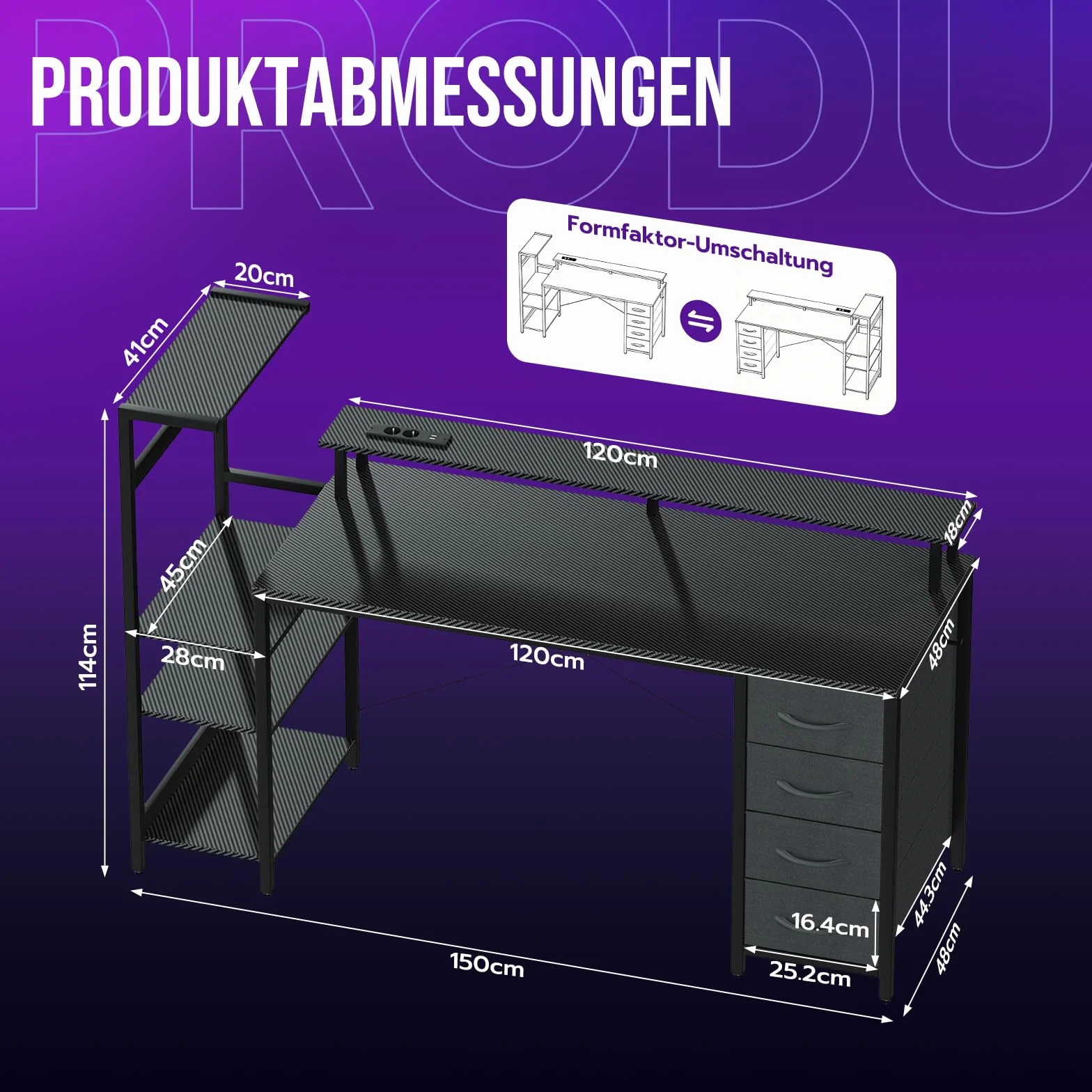YOUDENOVA Escritorio para Gaming 150 * 50cm, Mesa de Juegos con iluminación LED y tomacorriente, Mesa de Ordenador con cajones, Fibra de Carbono Negro