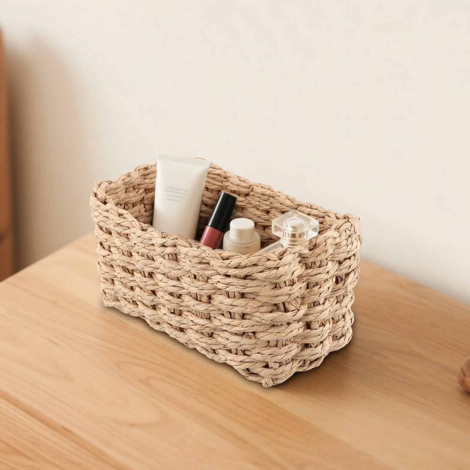 Juego de 4 cestas de almacenamiento trenzadas beige para maquillaje dormitorio oficina salón