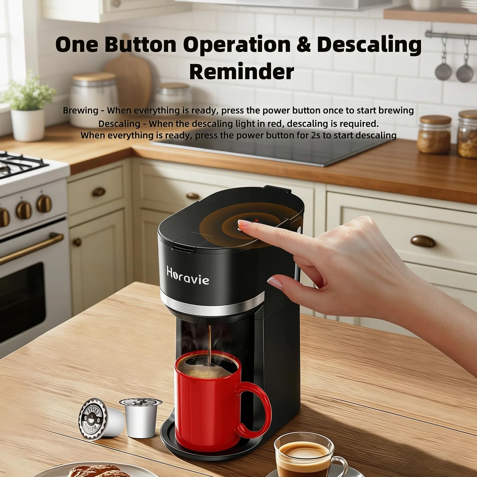 Horavie Mini cafetera de una sola porción para taza K y café molido, máquina de café de una taza de cerveza rápida con recordatorio de descalcificación y ventana de agua, 6 a 12 onzas, tamaños de