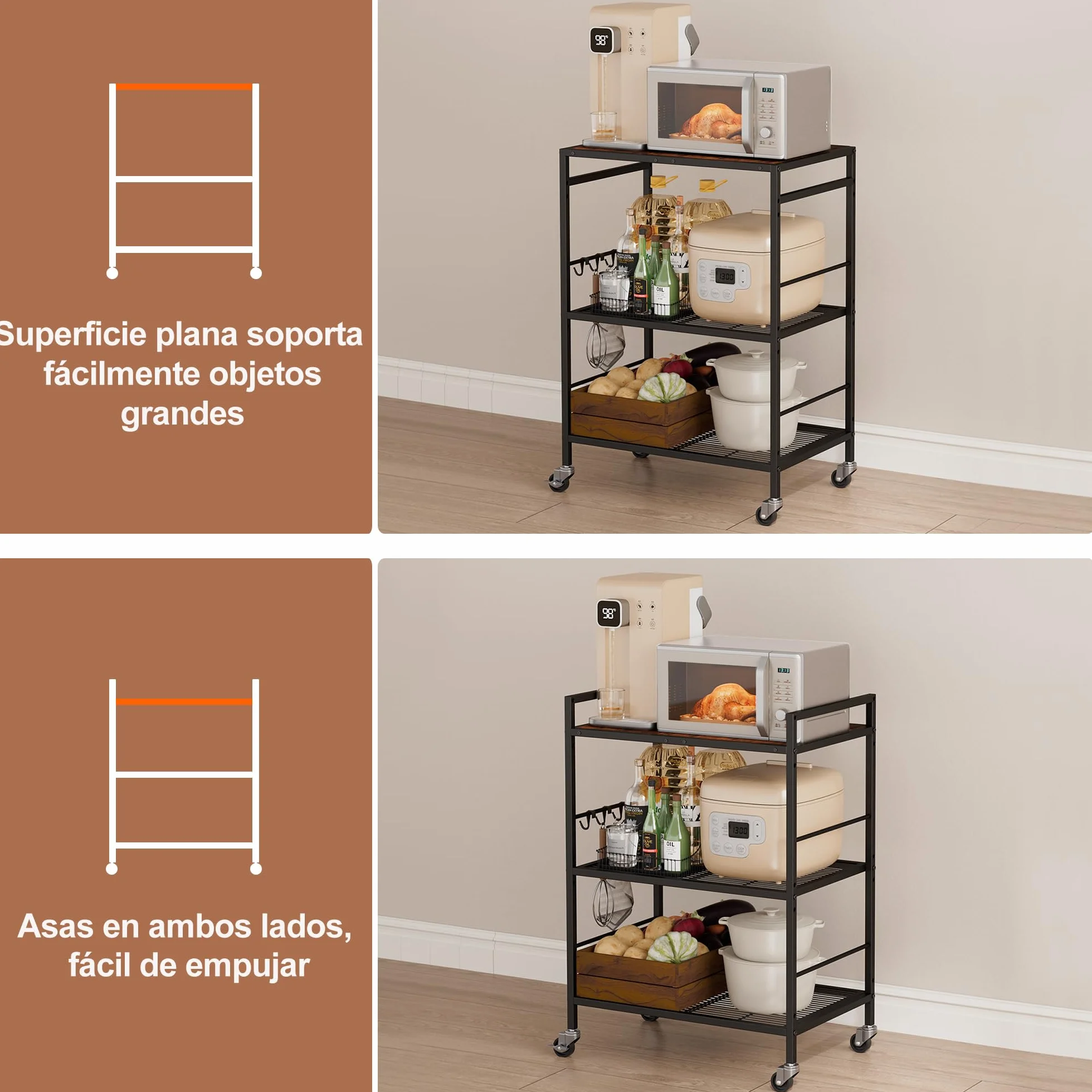 Carro Cocina de 3 Pisos con Estantes Ajustables，Carros de Servicio (Estructura Negra + Panel marrón, 3 Niveles (40 x 60 x 84,7 cm))