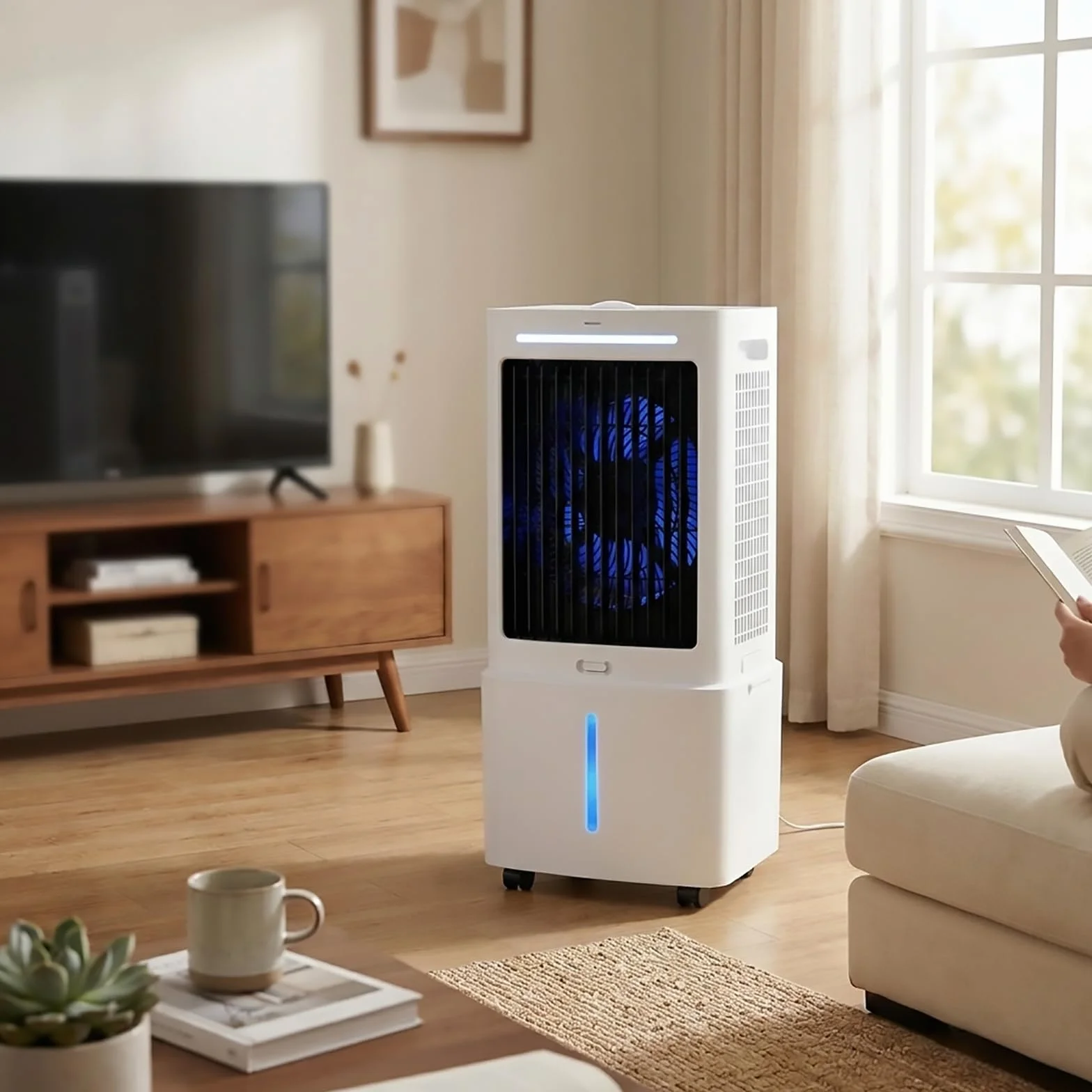 Aire Acondicionado Portátil 25L, Climatizador Evaporativo Ventilador 3 en 1, con Rruedas y Mando, 3 Velocidades, Temporizador de 12 Horas, Bolsas de Hielo, para Dormitorio y Garaje