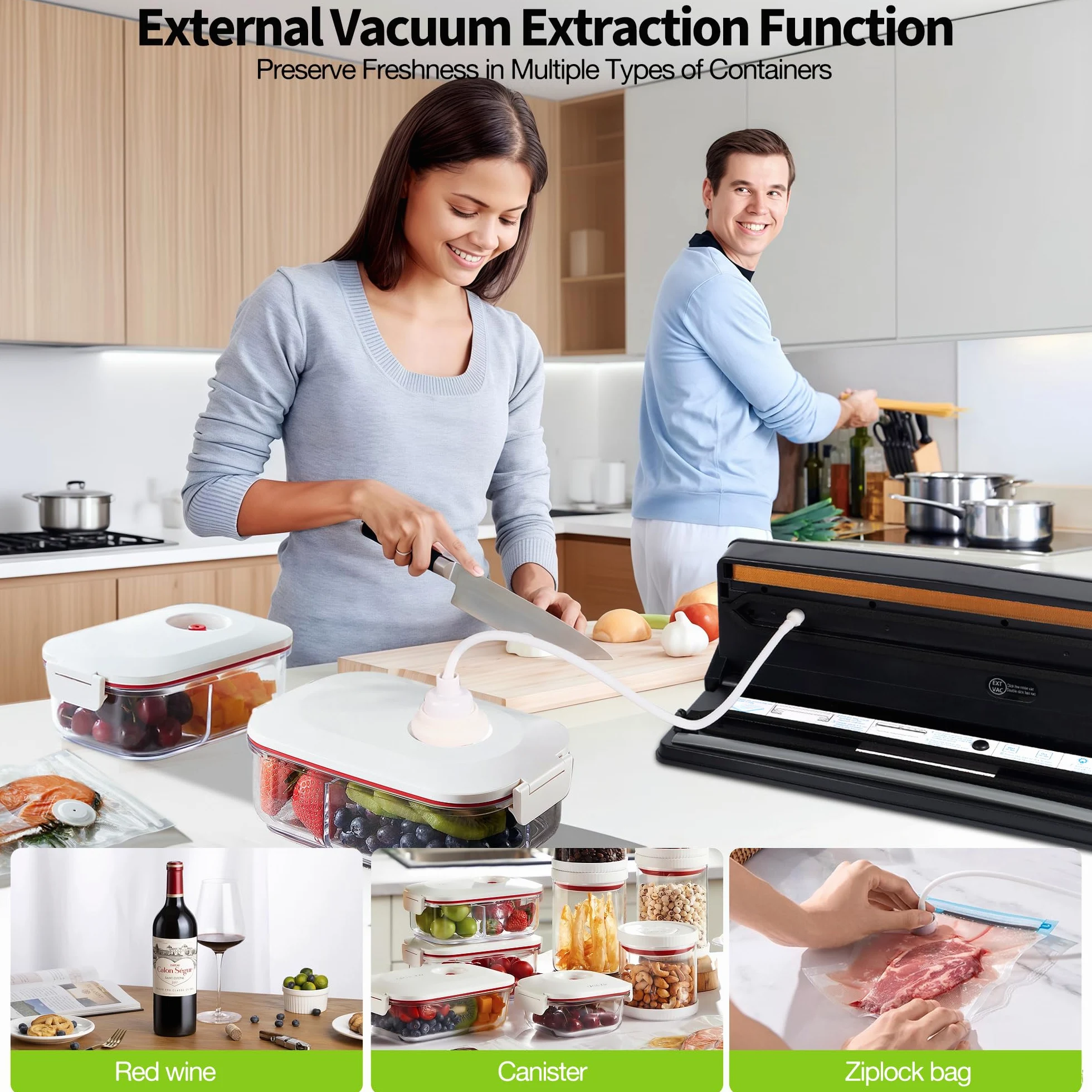 DeeprBetter Domestica Envasadora al Vacío Alimentos, 90kPa con Doble Bomba | Embasadoras Vacio Alimentos Secos&Húmedos, Todo en 1 Maquina Envasar al Vacio Alimentos con 13mm Sellado Ampliado, 15 Bolsas