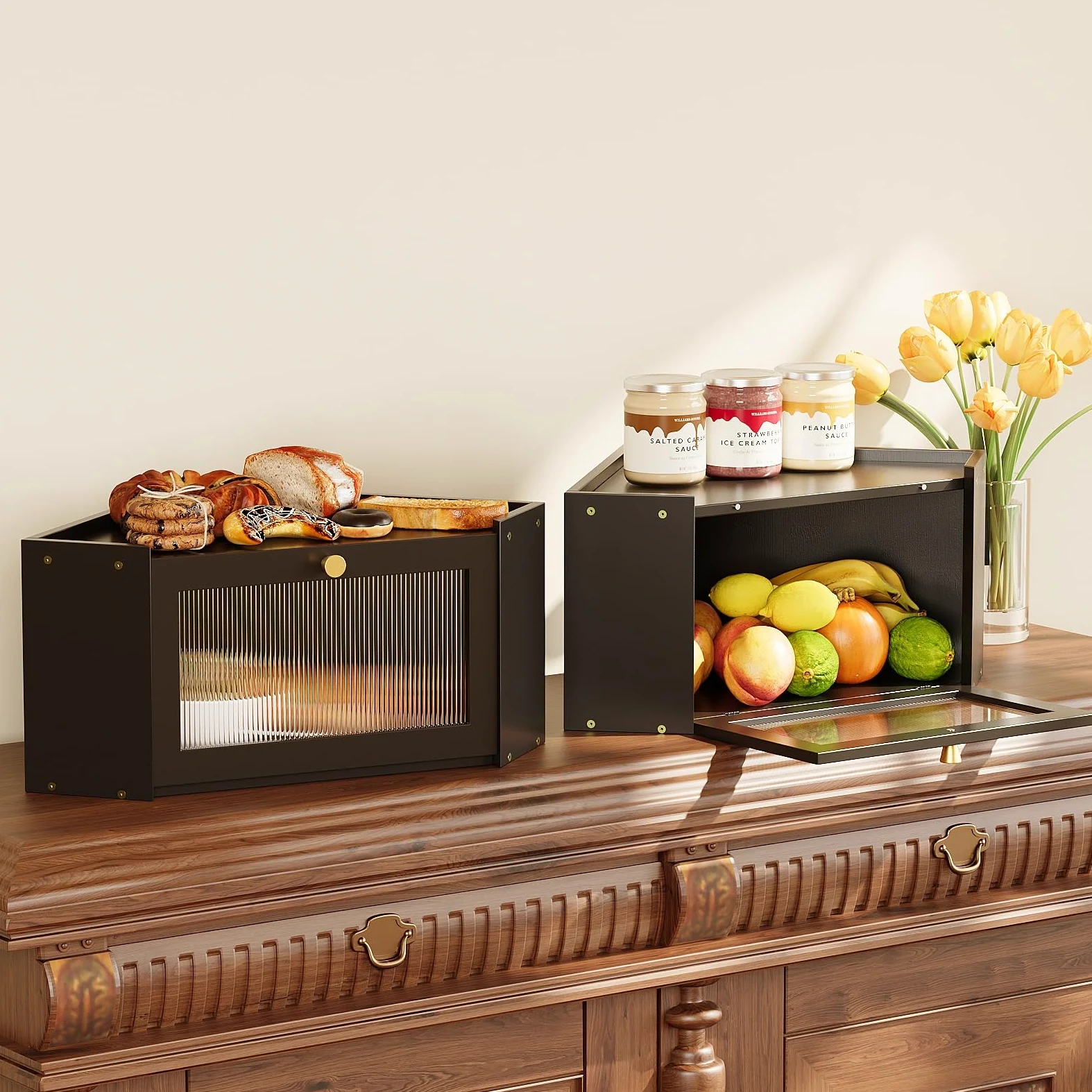 VEDECASA Panera de esquina para cocina de bambú con puerta acrílica transparente, cesta de pan negra para esquinas de cocina, gran fiambrera en diseño rústico, 32 x 32 x 20 cm