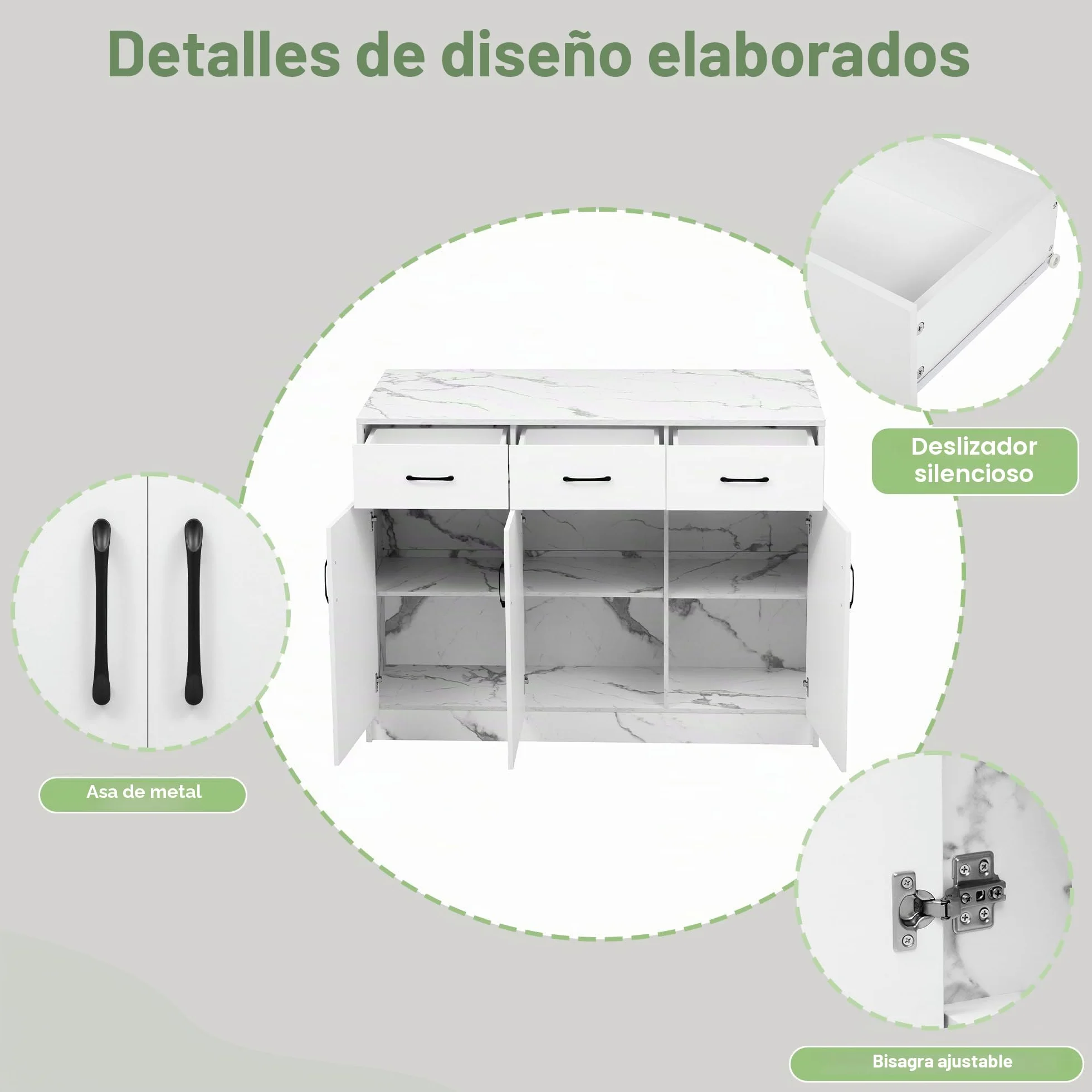 Isla de cocina grande 120 x 60 x 90,5 cm, 3 cajones y 3 puertas, diseño de mármol blanco, estantes ajustables, cajones silenciosos, diseño de área de bar - Utensilios de cocina elegantes y prácticos