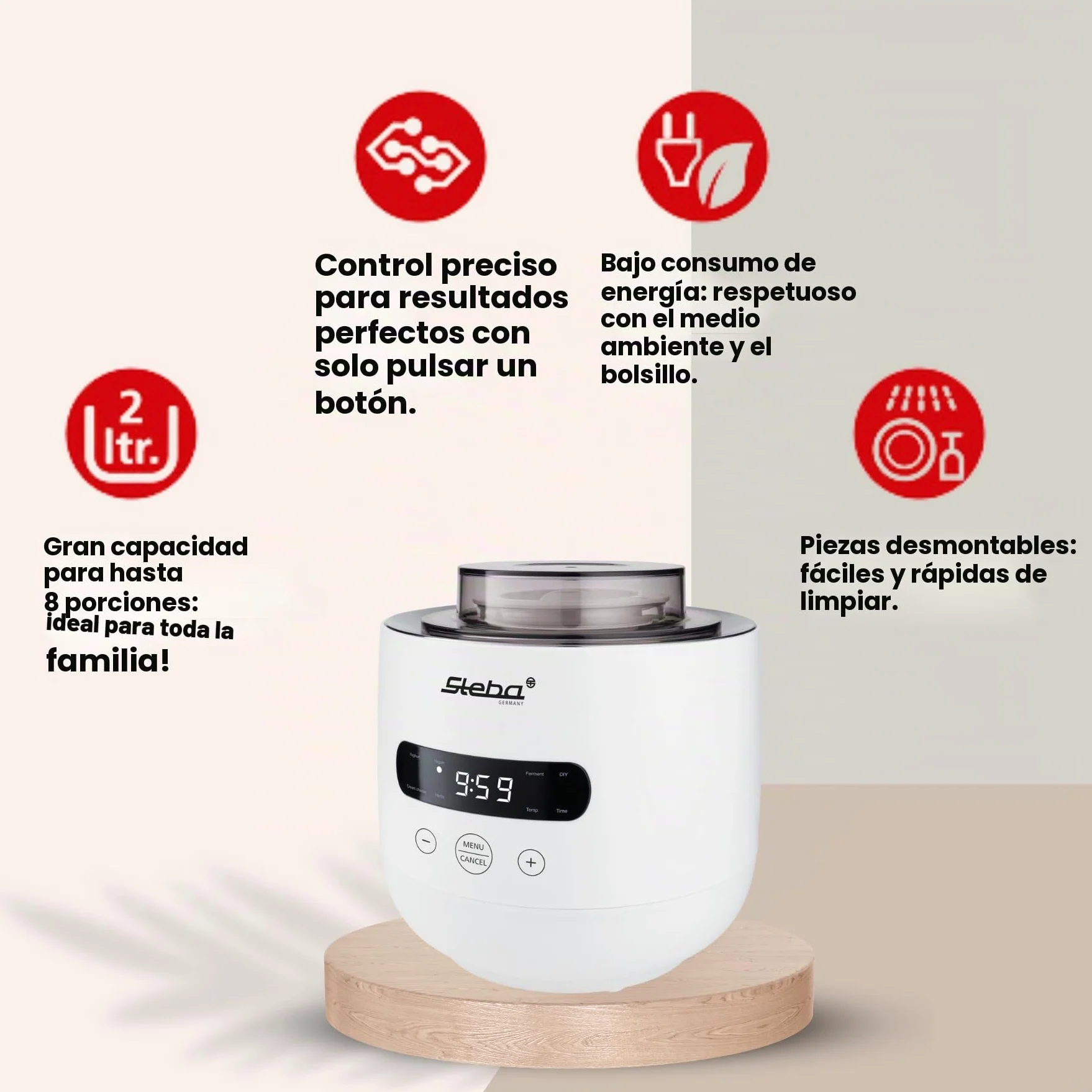 Yogurtera Steba para hacer yogur casero con una consistencia perfecta, 5 programas aromáticos, pies de goma antideslizantes y fácil limpieza. FERMENTO JM 4.