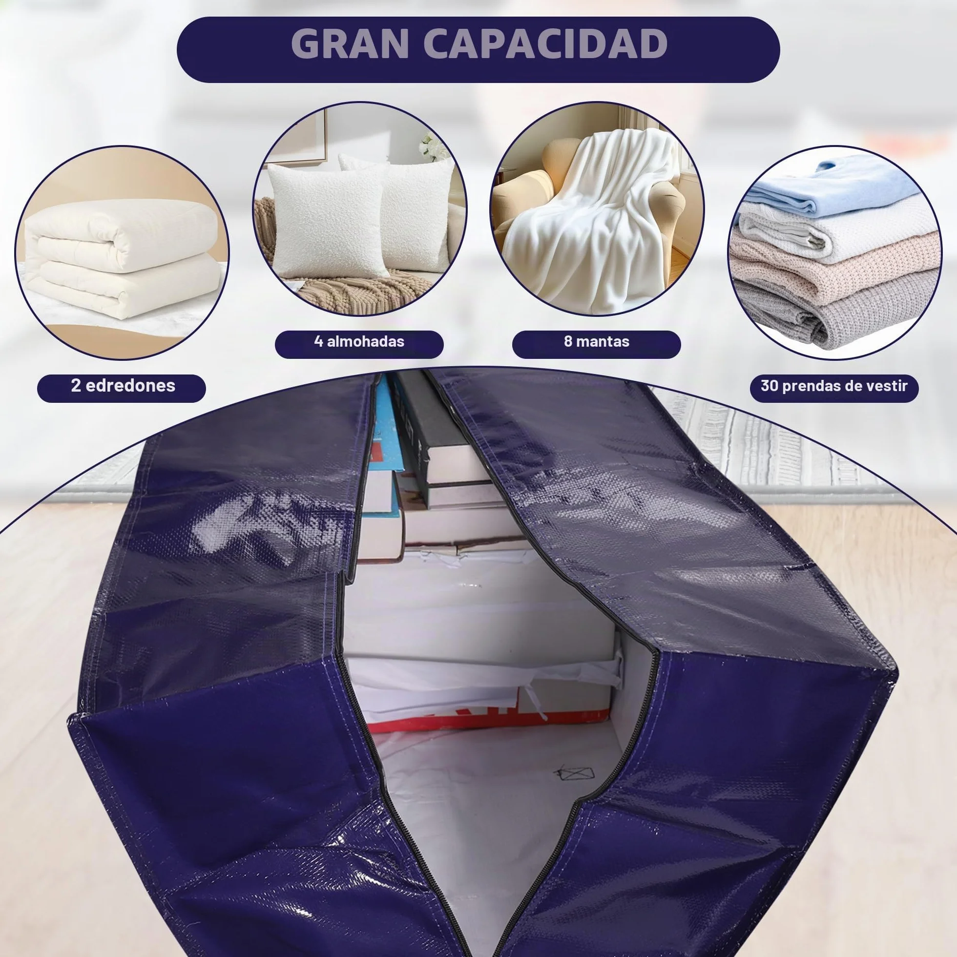 4Pc Bolsa Mudanza Grande, 92L Bolsa Almacenaje, PP Resistente al Agua Bolsa de Transporte, Servicio Pesado Bolsas Grandes para Guardar Ropa, Cremallera Compacta Bolsas de Mudanza Extragrandes
