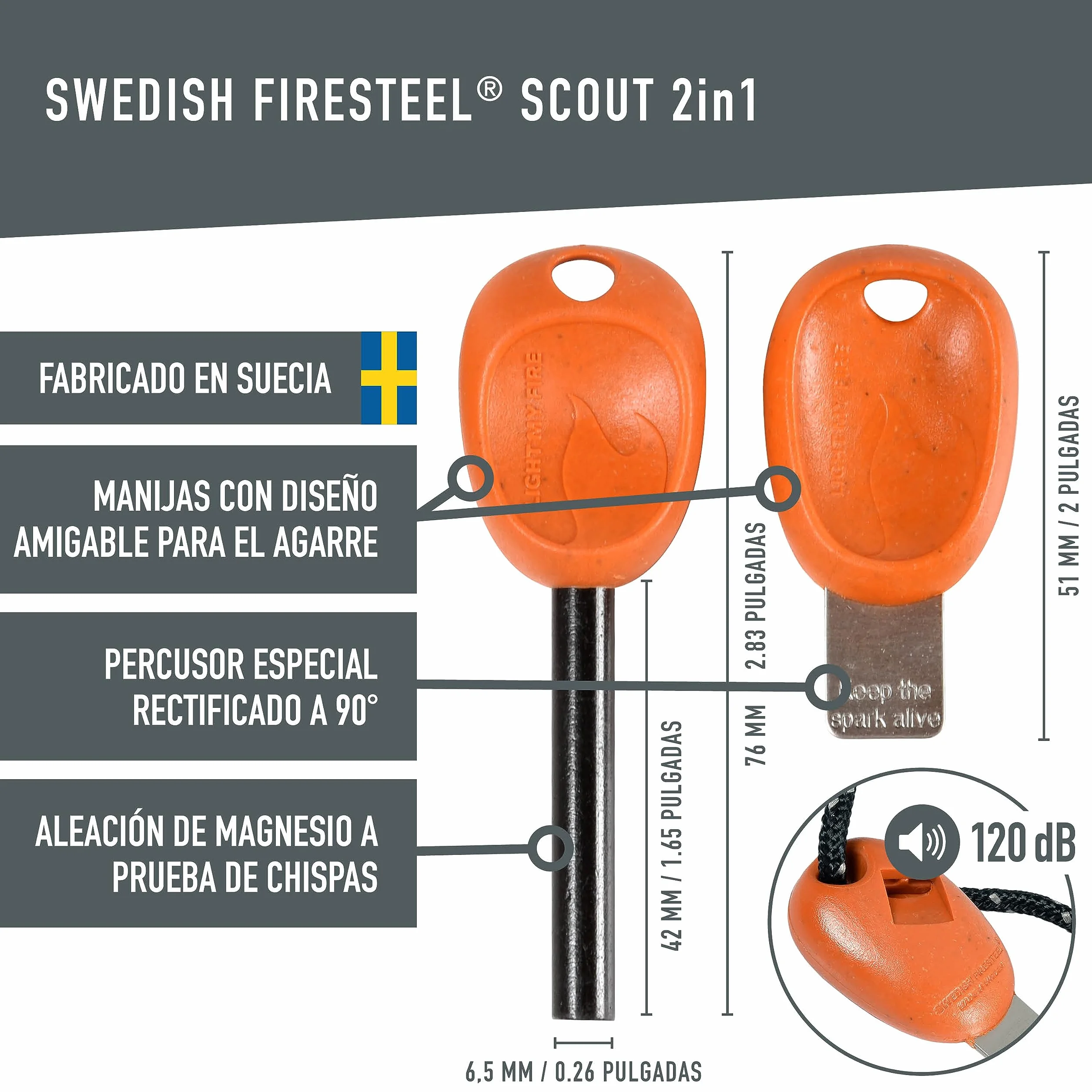 Light My Fire Pedernal de Supervivencia Profesional Scout – Herramienta Encendedor Ferrocerio 2 en 1 3000 Encendidos