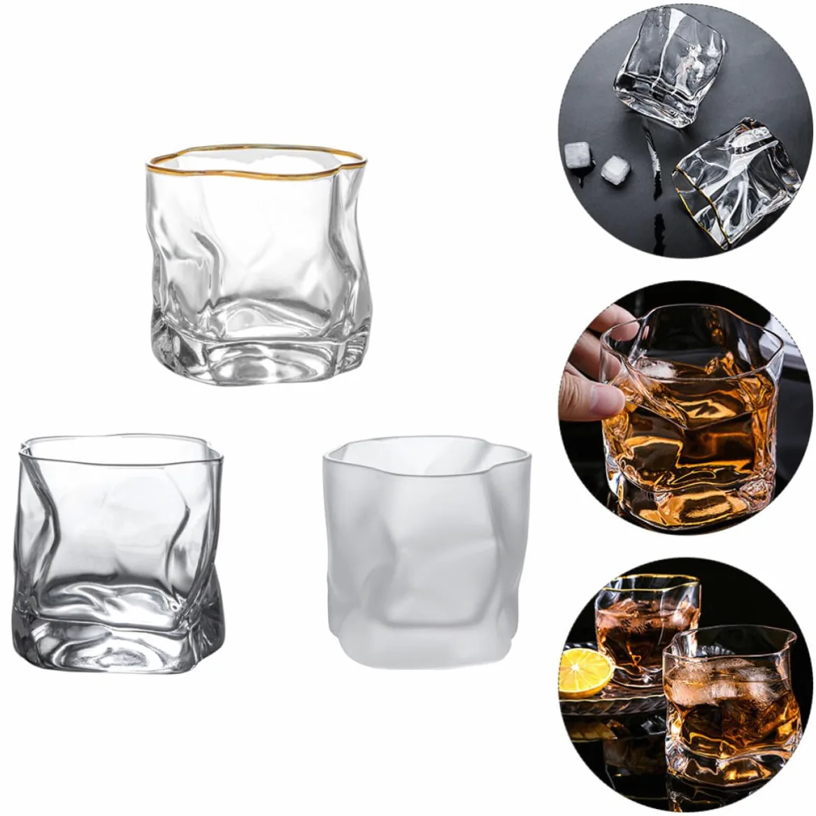 OSALADI Vasos de Whisky de Vidrio Reutilizables y Seguros para Uso en Restaurantes y Hogares, Juego de 3 Piezas Diseño Creativo y Único