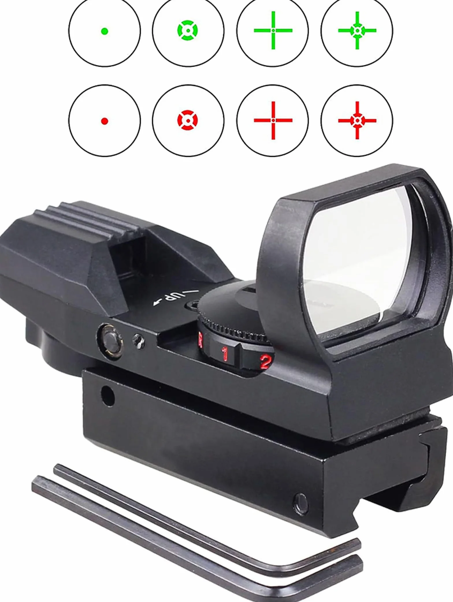 Mira Reflectante roja y Verde con 4 retículas, Montura de Cola de Milano 3/8" para riel 11 mm y 22 RF Airsoft
