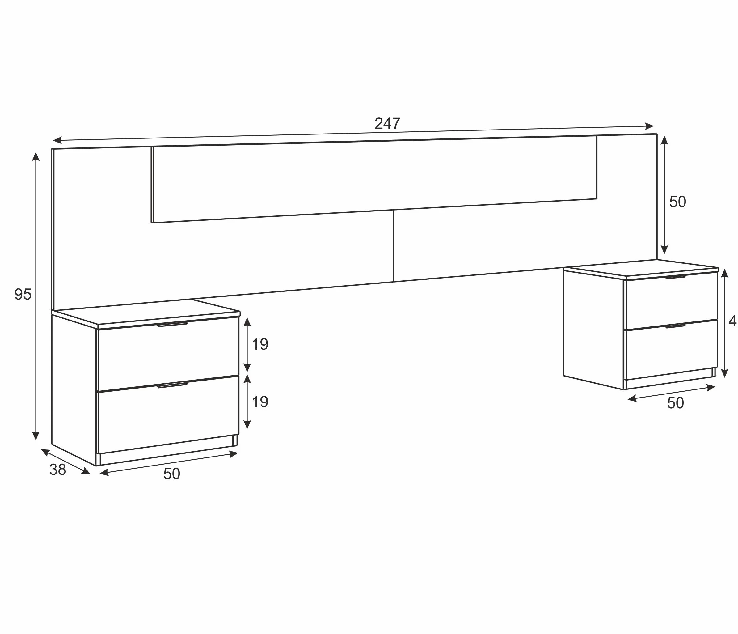 Mobelcenter – Cabezal y 2 Mesitas de Noche – Cabecero Matrimonio y 2 Mesitas de Noche – Color Roble Canadian y Óxido - Medidas: Ancho: 247 cm x Fondo: 38 cm x Alto: 95 cm - (1093)