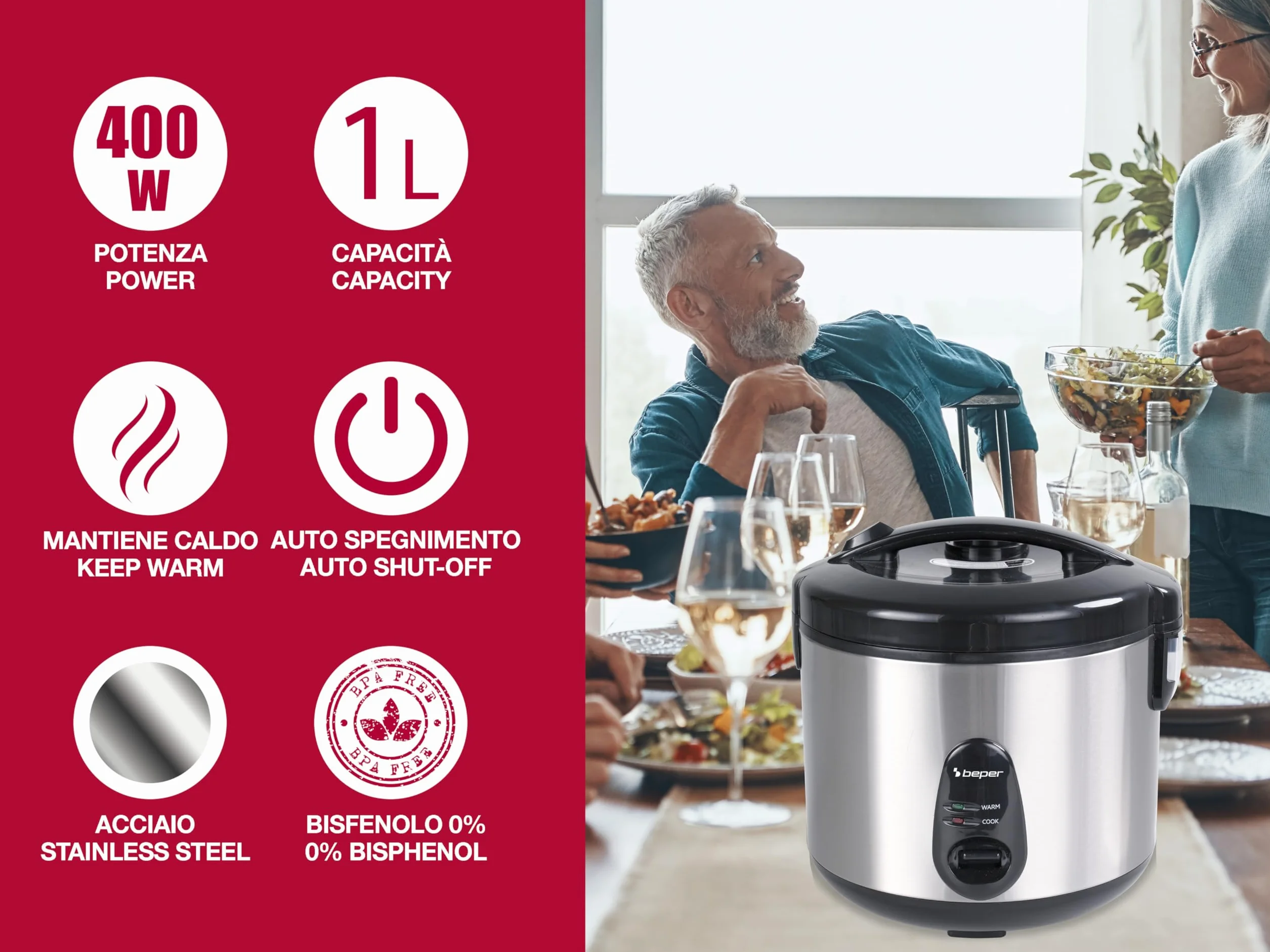 BEPER P101VAP002 Olla arrocera eléctrica con función de conservación del calor, capacidad de 625 g, revestimiento antiadherente, tapa con junta de silicona y bandeja para cocinar al vapor.