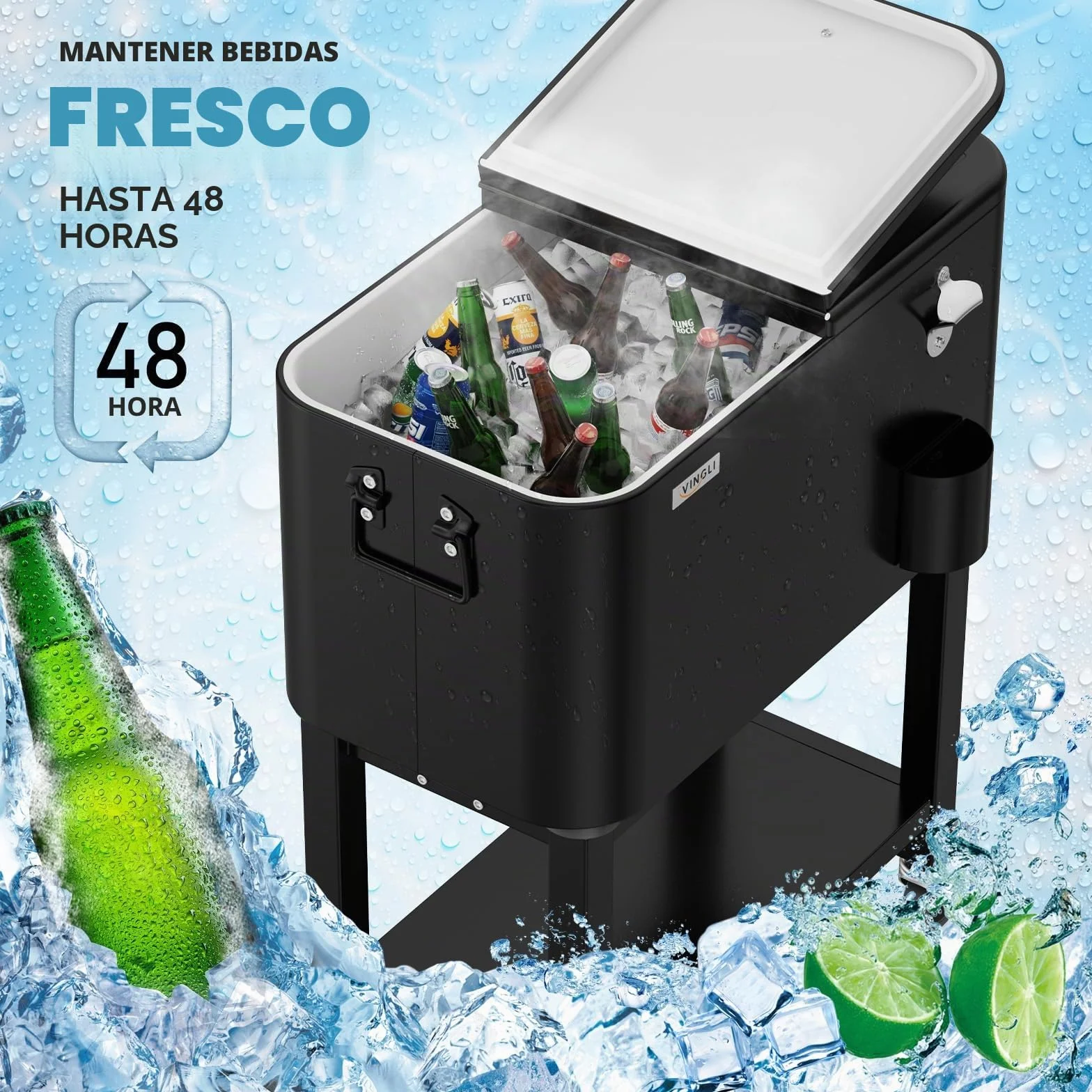 Bonnlo Carro de Servicio de 57L con Ruedas, Carro Auxiliar, Enfriador de Patio, Caja de Enfriamiento, Enfriador de Bebidas con Abrelatas, Ideal para Fiestas y BBQs, 35,5 X 66 X 81 cm, Negro