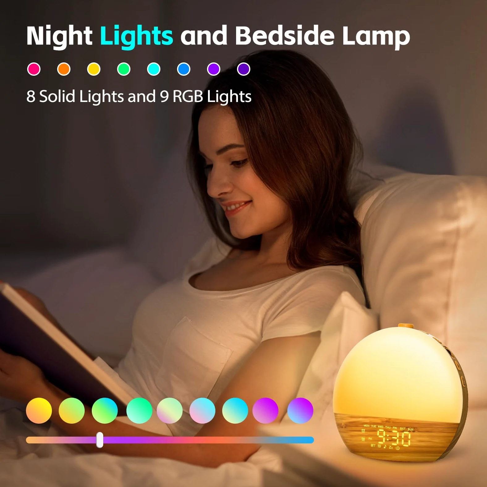 Geuuap Reloj despertador con sonido de grano de madera con sonido blanco con 25 sonidos relajantes, 17 luces nocturnas regulables, altavoz Bluetooth, despertador, para dormitorios, durmientes pesados