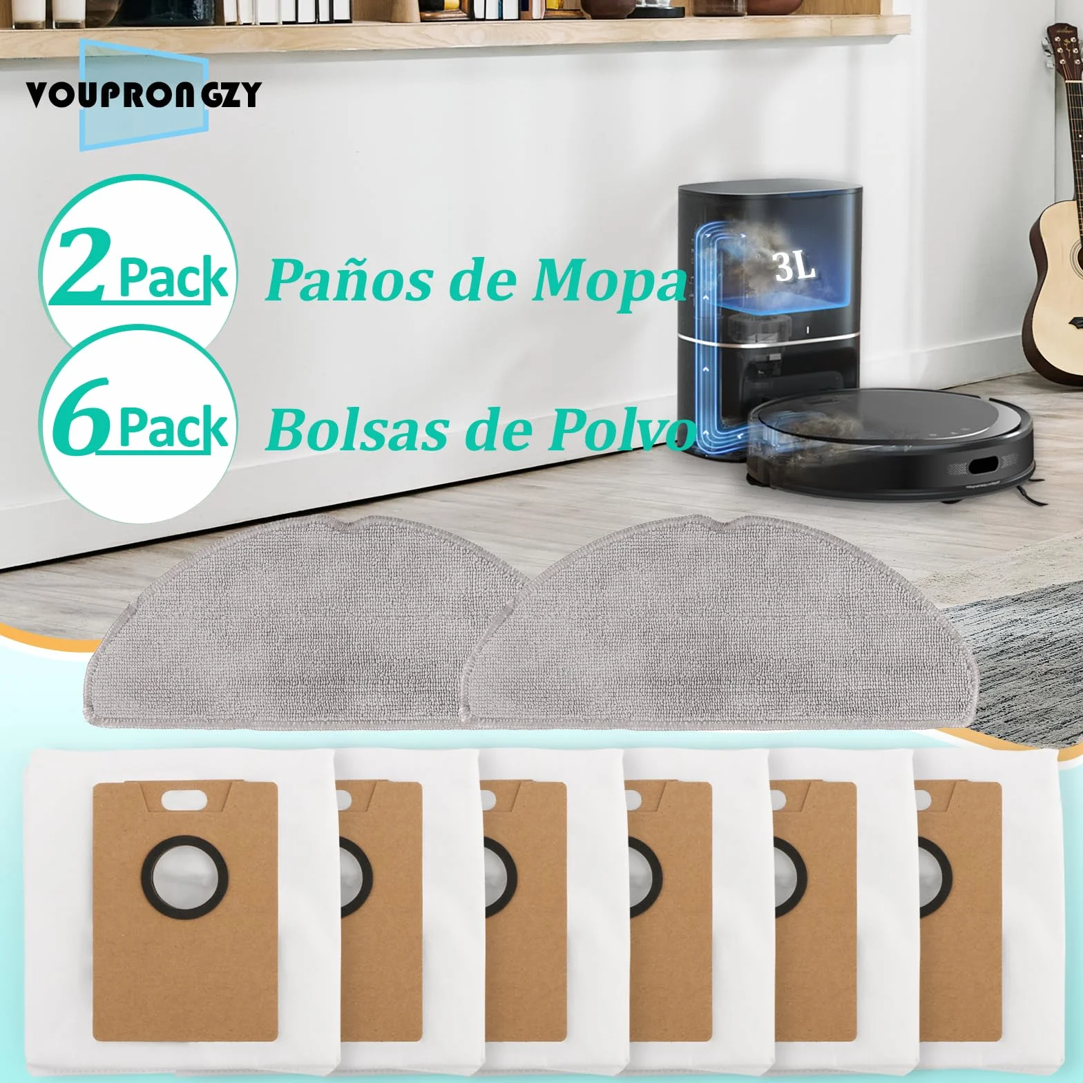 6 Bolsas de Polvo 2 Mopas de Fregado para Tapo RV30 Max Plus/ RV20 Max Plus Bolsas de Aspiradora Pano de Esfregona Accesorios