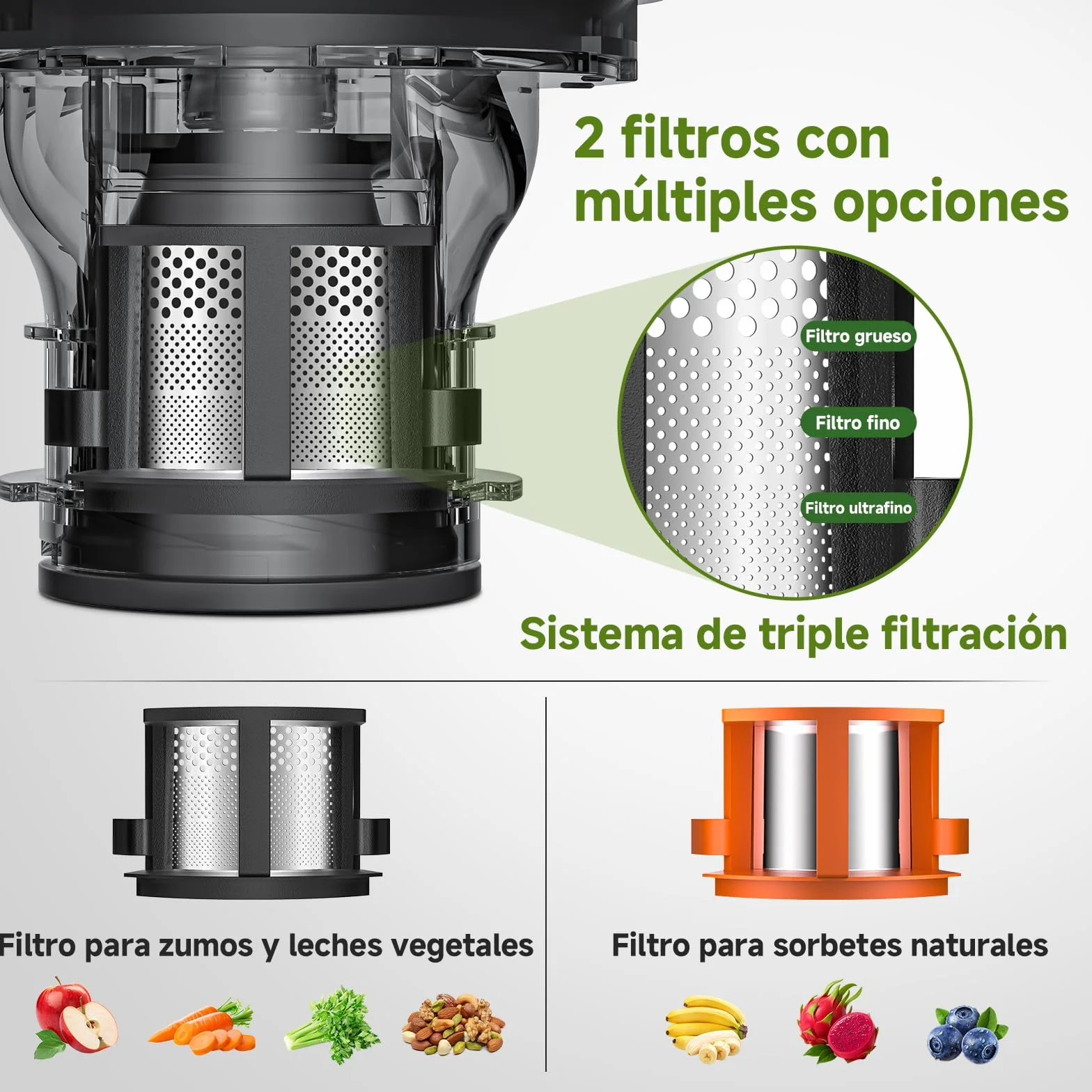 AMZCHEF Extractor de Zumos Prensado en Frío 600W, Licuadora con Boca XL 160 mm, Slow Juicer 2,5 L para Frutas y Verduras Enteras, 2 Filtros (Zumo, Leche Vegetal, Sorbete), Fácil de Limpiar, Negro Mate