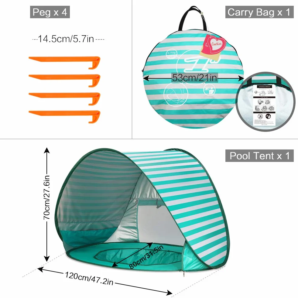 Tienda de Playa Bebé Pop-up con Piscina, Protección UV 50+, Carpa Plegable 120x80x70 cm