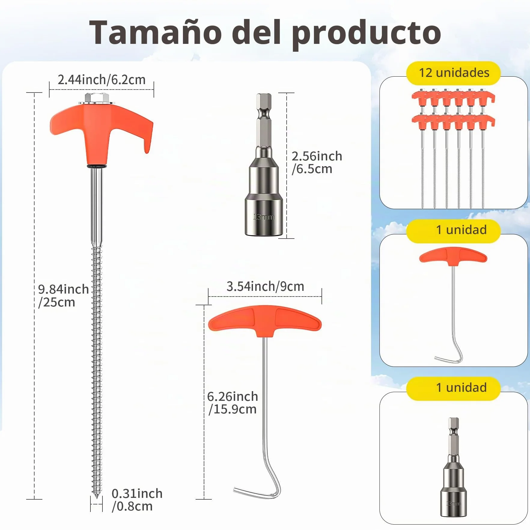 Piquetas de Acero para Tienda de Campaña 25CM Suelo Duro Taladros Hexagonales Ganchos