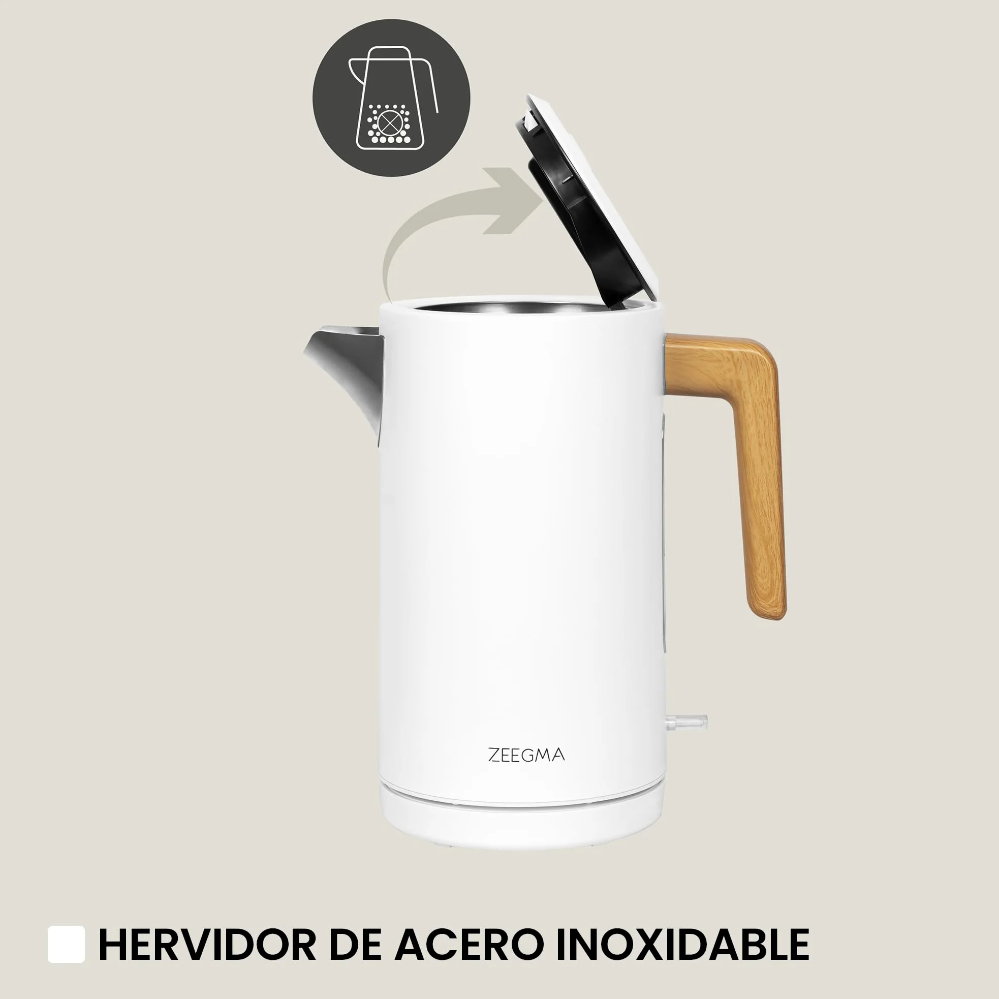 ZEEGMA KETLEE Hervidor de Agua Eléctrico Inalámbrico de 1,7 l para Té Café, Potencia de 2200 W, Indicador de Nivel de Agua, Apagado Automático, Acero Inoxidable Diseño Elegante Moderno