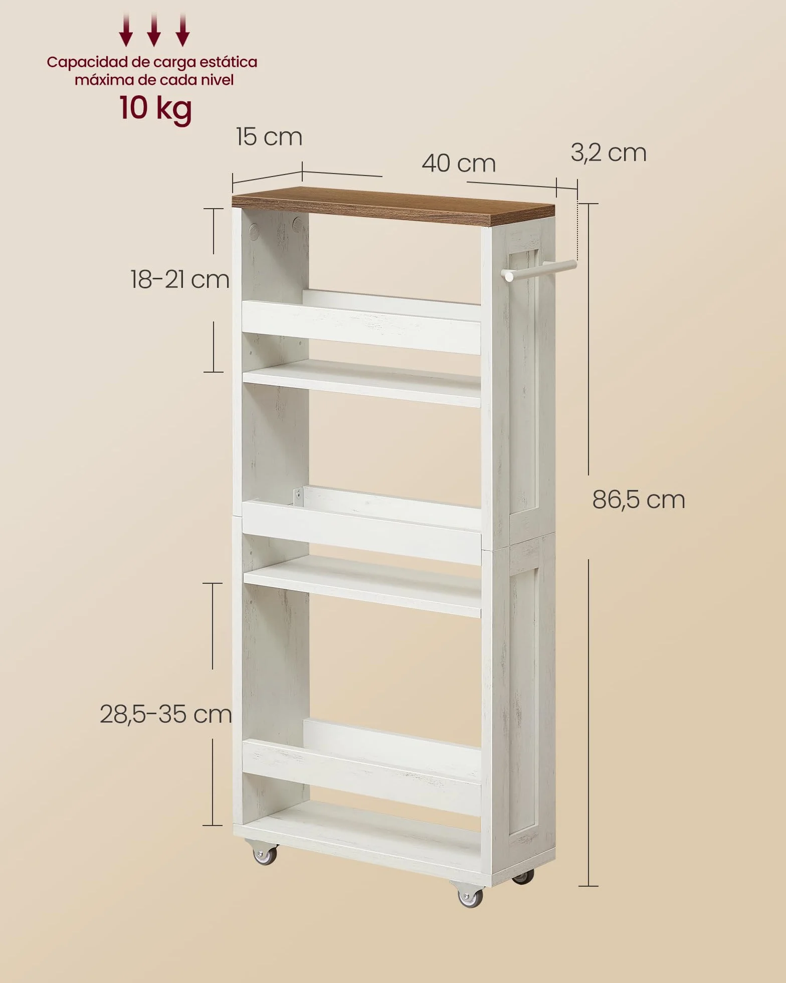 VASAGLE Carrito de Almacenaje Delgado de 4 Niveles, Estante de Cocina con Ruedas, con Asa, Espacio Pequeño, 15 x 43,2 x 86,5 cm, Baño, Lavandería, Blanco Rústico y Marrón Miel LRC050K01