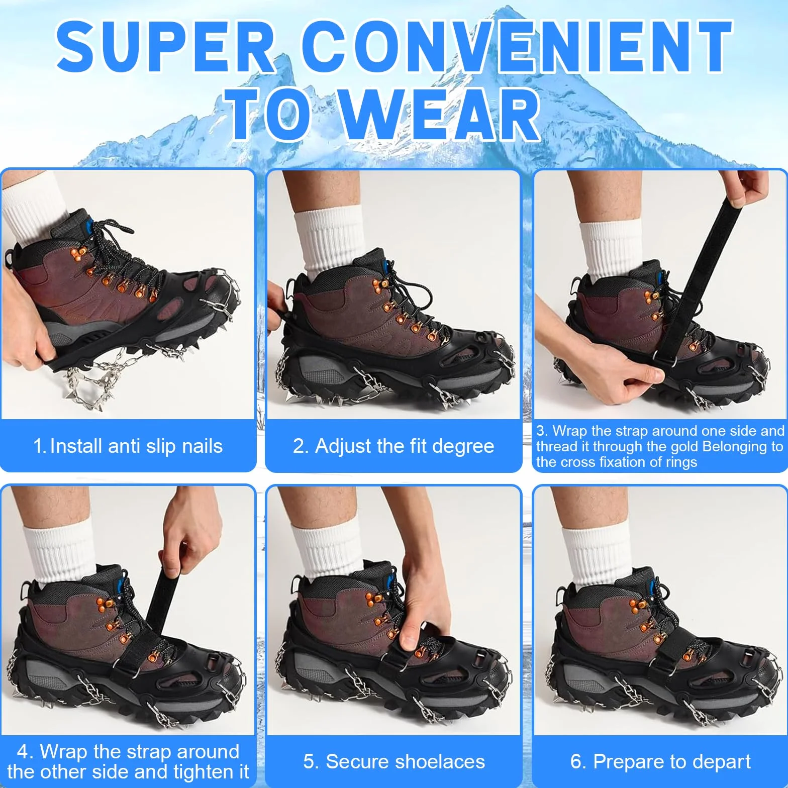 Crampones 24 Dientes Antideslizantes Tracción Nieve para Botas Senderismo Escalada Pesca Montañismo