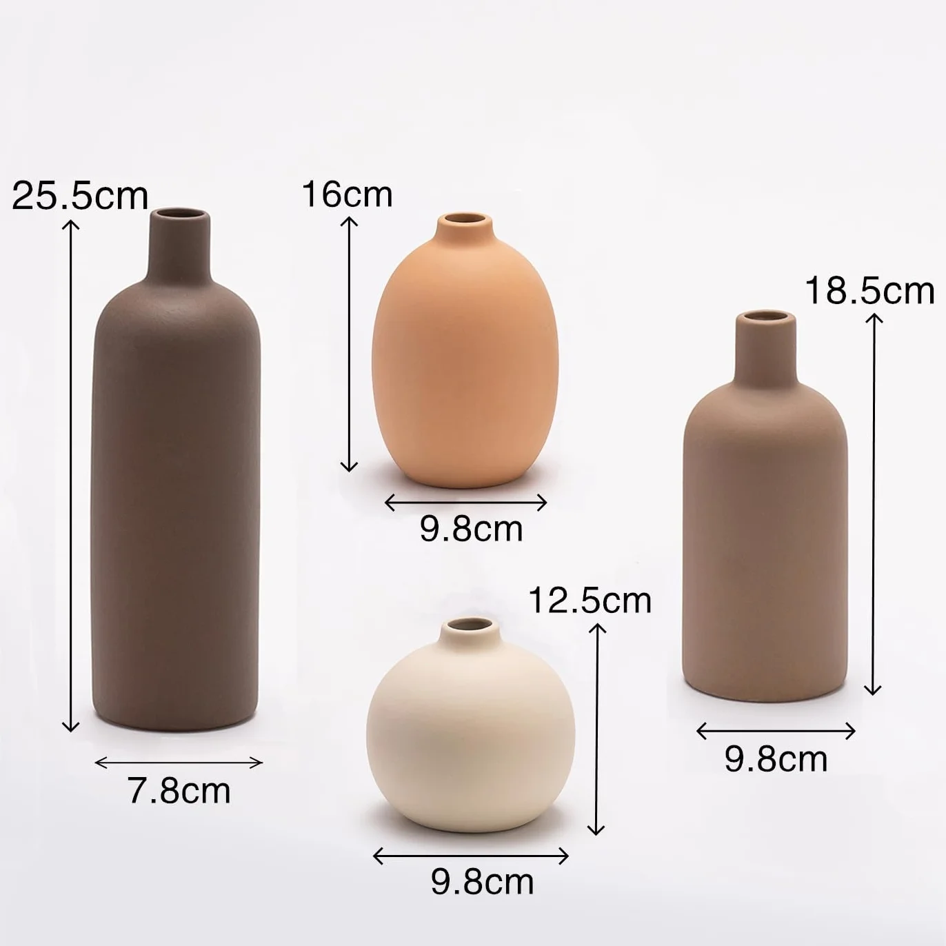 Juego de 4 jarrones de cerámica, jarrones de cerámica para decoración del hogar, floreros Decorativos para Hierba de Pampa y Flores secas, Mesa, estantería (Café,Naranja,Beige,marrón)