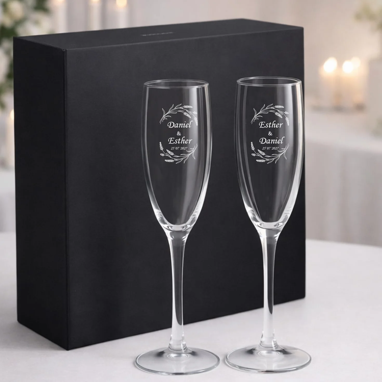 Pack de 2 Copas de Cava Personalizada con Estuche de Regalo Grabadas a Láser 20cl Boda