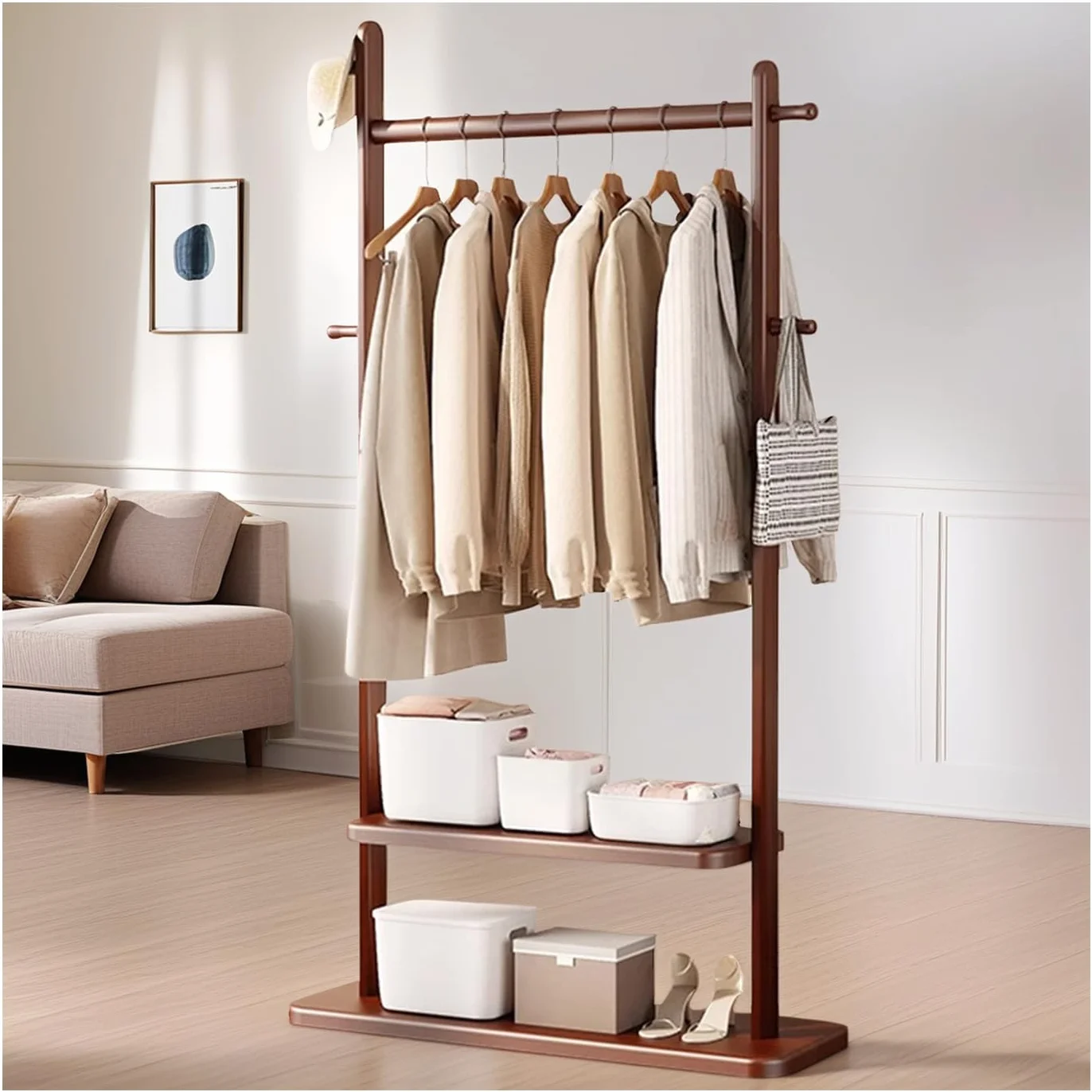 Perchero de Pie, Perchero de Madera con Ganchos y con 2 Estantes, para Sombrero, Soporte, Estilo industrial, para Ropa, Bolsos, Sombreros : 40/60/80/100CM (160 CM de Altura)