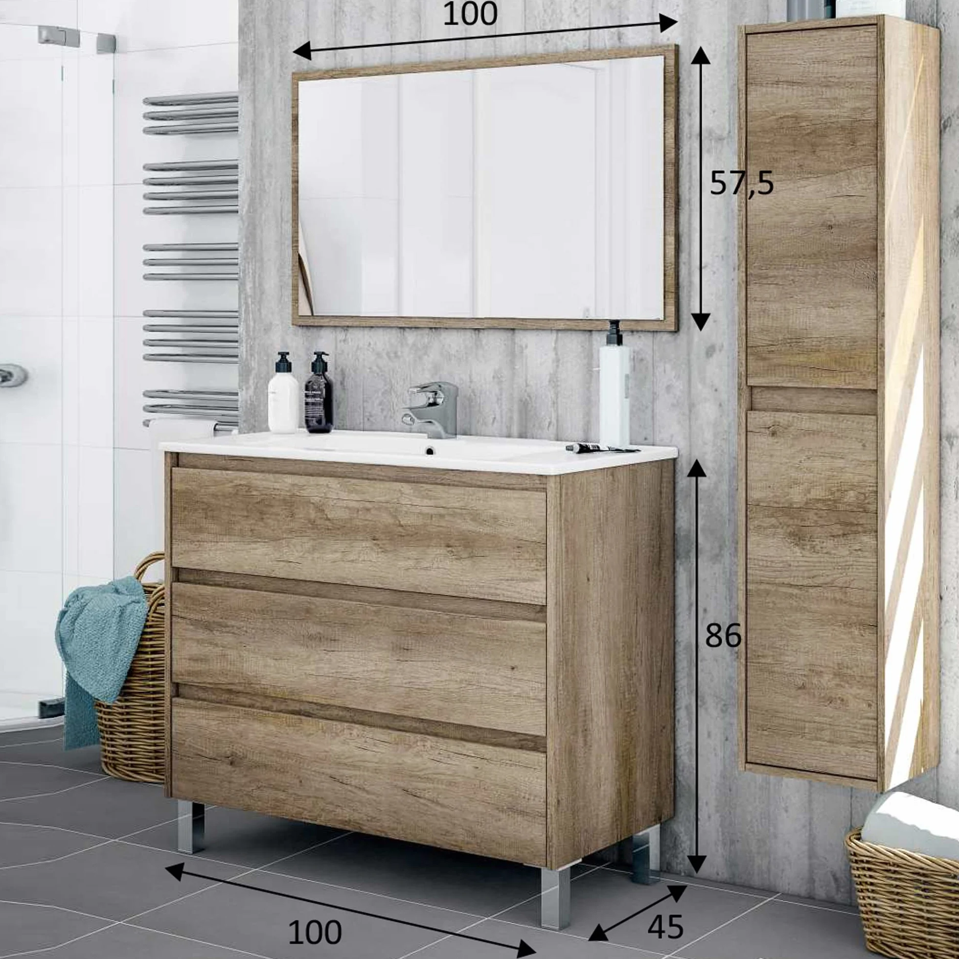 HOMN LIVING Mueble de Baño Devin con 3 Cajones, Espejo y Columna 2 Puertas, Acabado en Nordik, 100 cm (Ancho) x 45 cm (Fondo) x 86 cm (Alto)