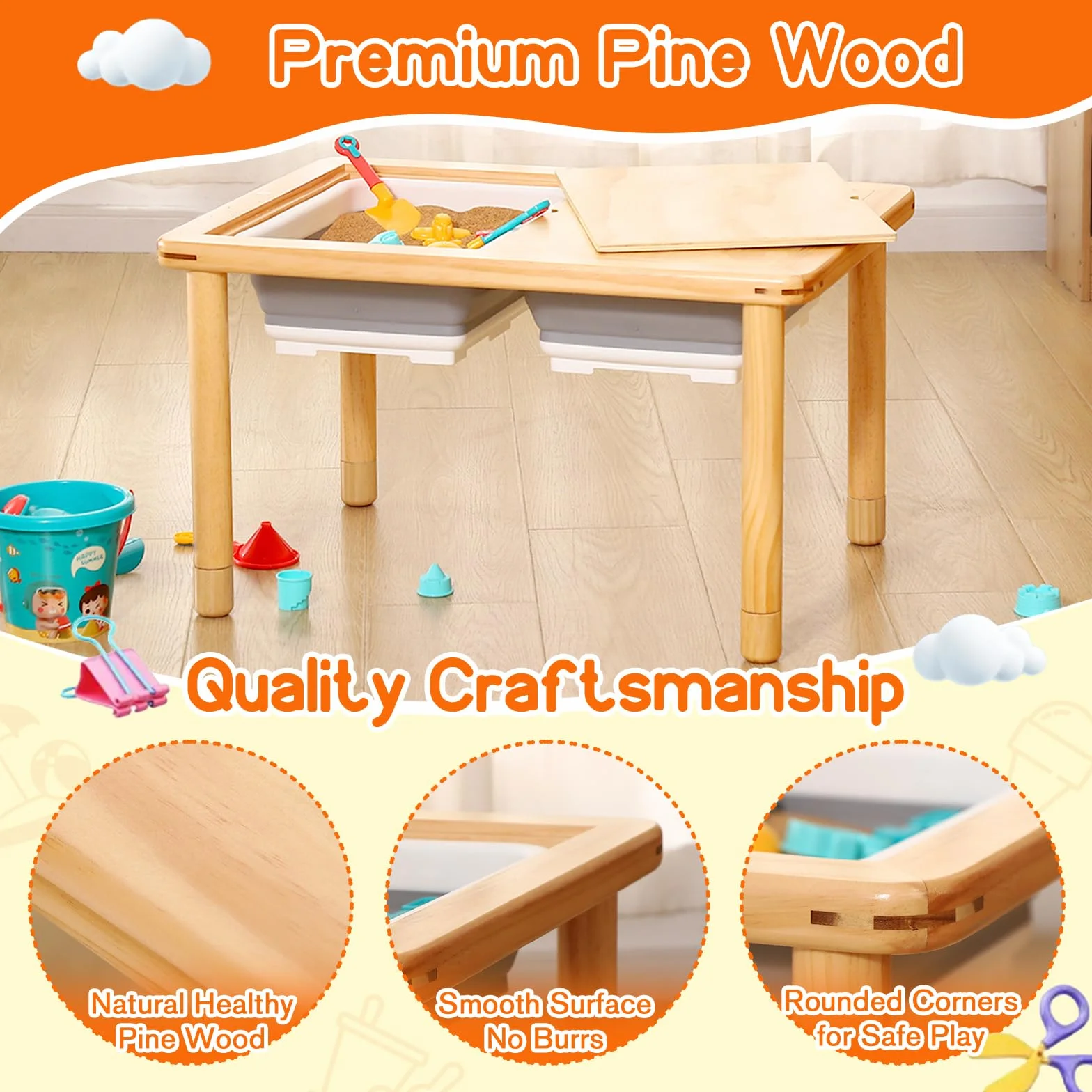 FUNLIO Mesa Sensorial de Madera con 2 Cubos para Niños de 1-5 Años, Mesa Sensorial Infantil de 3 Niveles Ajustable en Altura, para Jugar con Arena y Agua, Certificado CPC