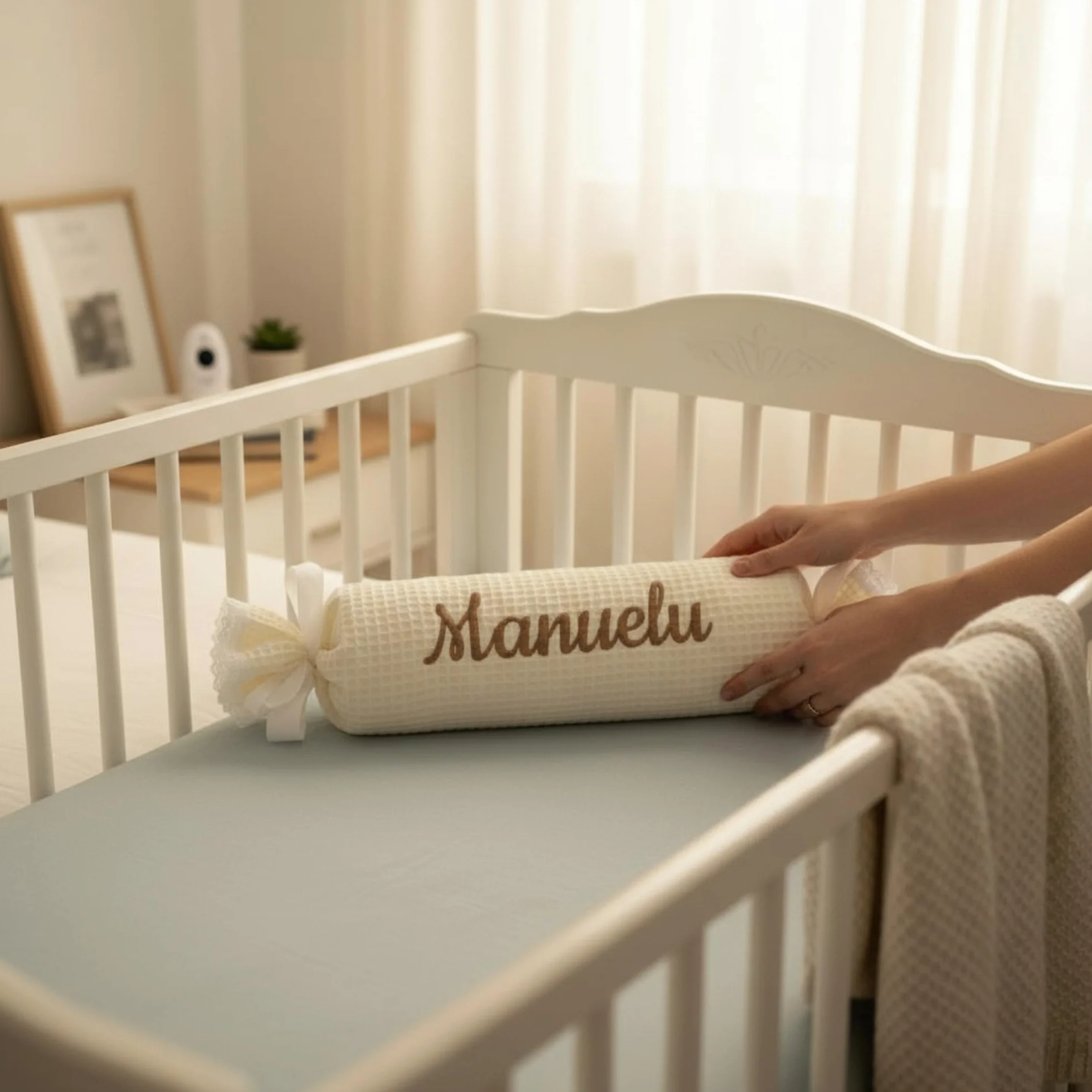 Cojín Caramelo para Bebé Personalizado, Tejido Piqué Waffle Suave, Decorativo Infantil, Regalo Recién Nacido (Beige)