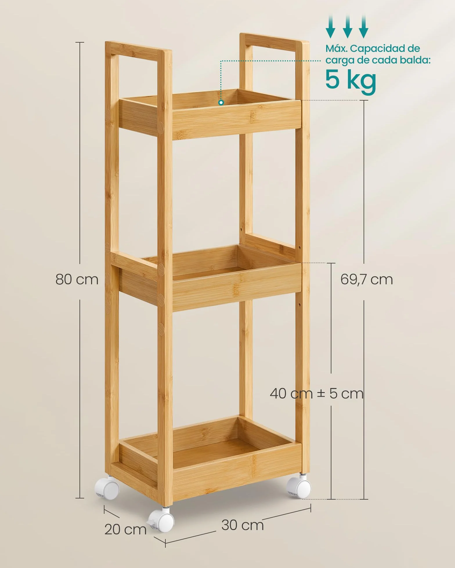 SONGMICS Carrito de Baño 3 Niveles Bambú Estrecho con Ruedas 20x30x80 cm Beige Natural